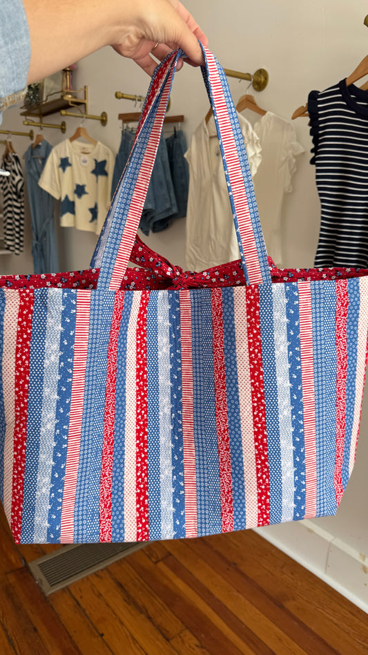 Handmade By Samantha XL Tote Bag: Americana Stripes With Bow Tie Closure