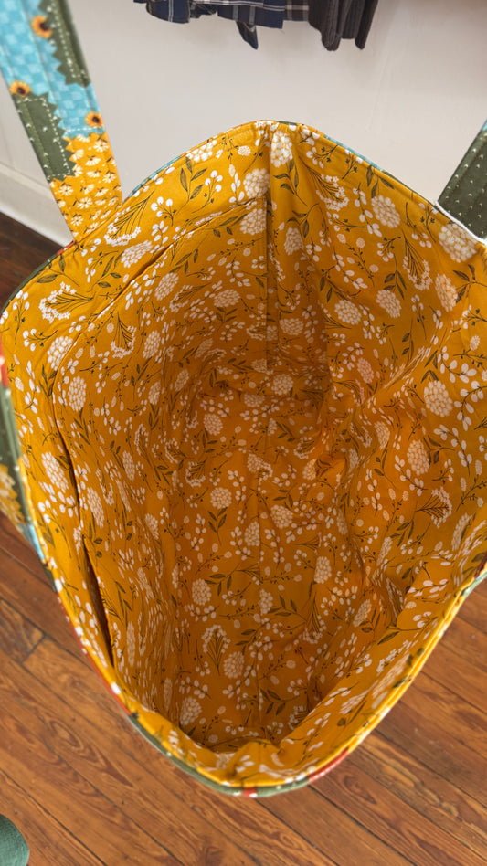 Handmade By Samantha XL Tote Bag: Fall Patchwork With Bow Tie Closure