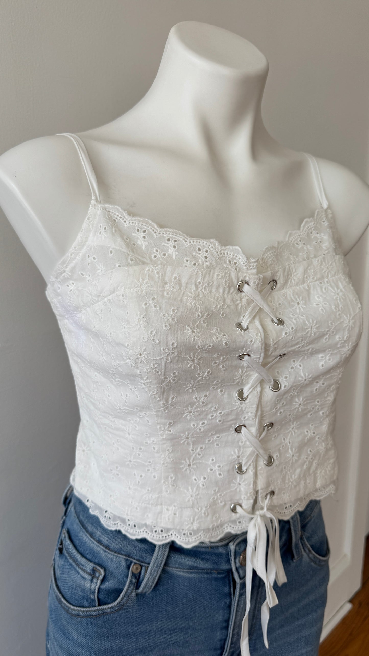 Embroidered Eyelet Lace Up Crop Top