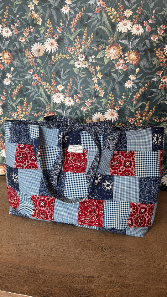 Handmade By Samantha XL Tote Bag: Americana Patchwork, Blue Lining, With Bow Tie Closure