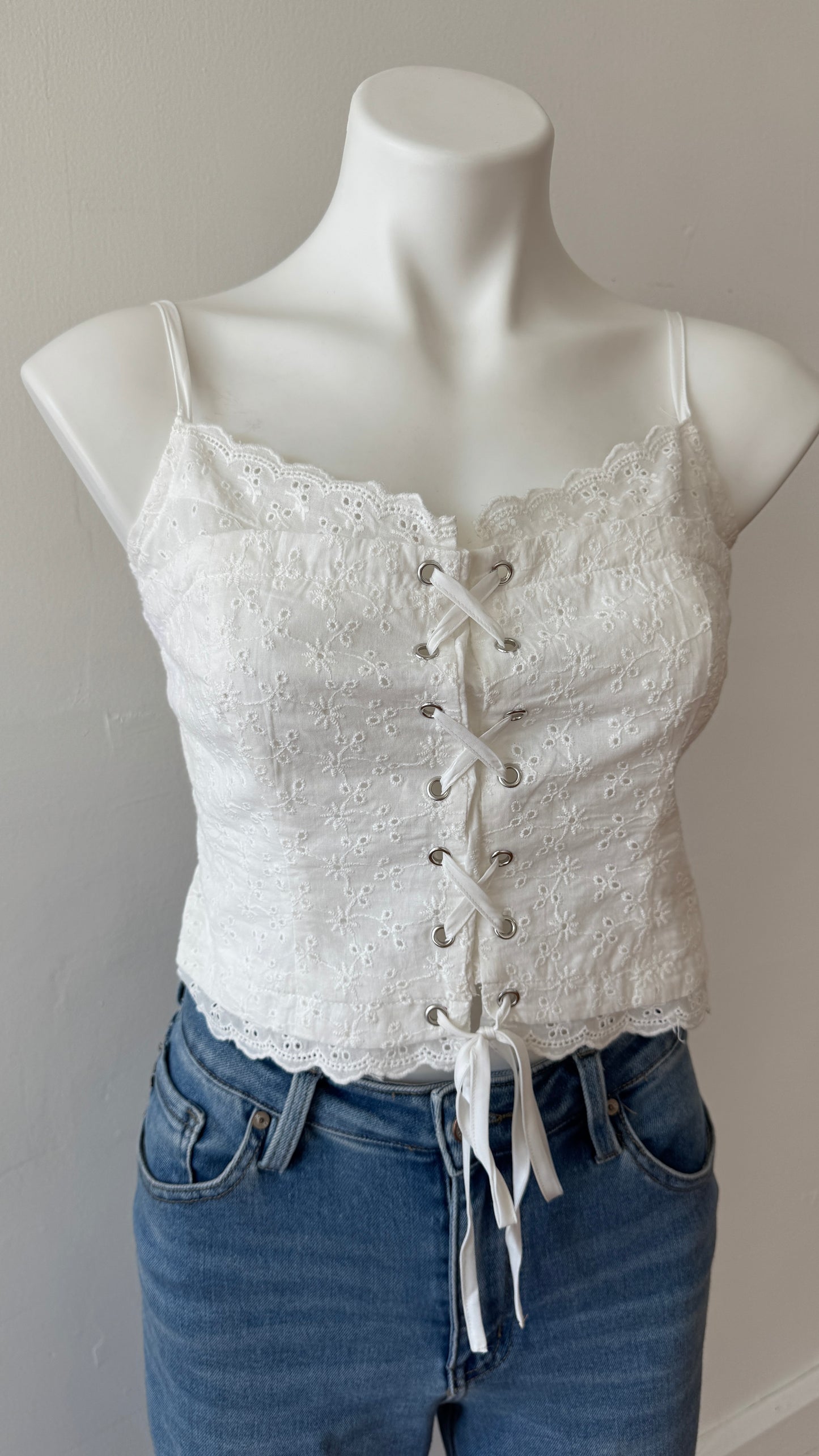 Embroidered Eyelet Lace Up Crop Top