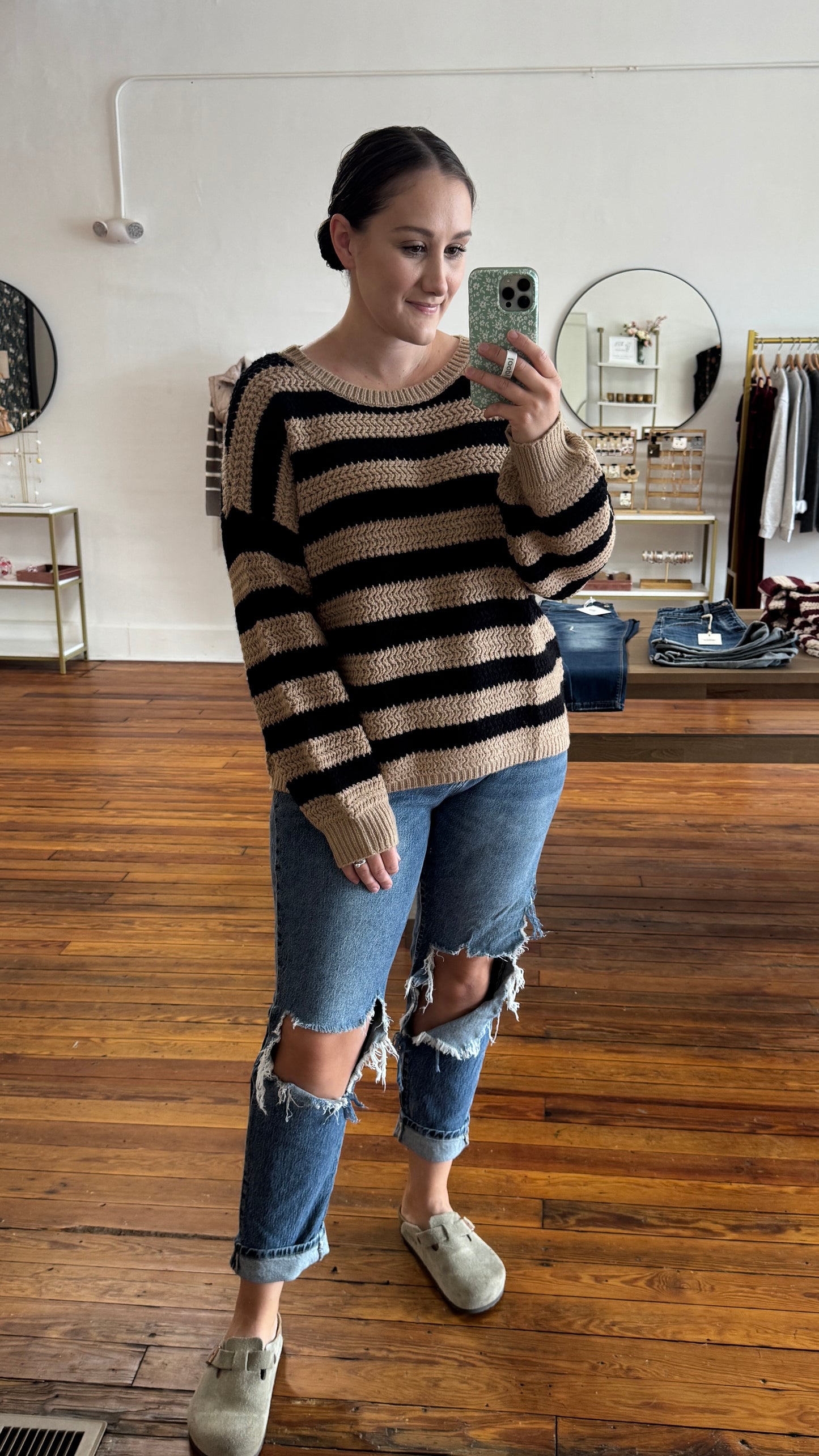 Crochet Knit Striped Sweater: Black & Tan