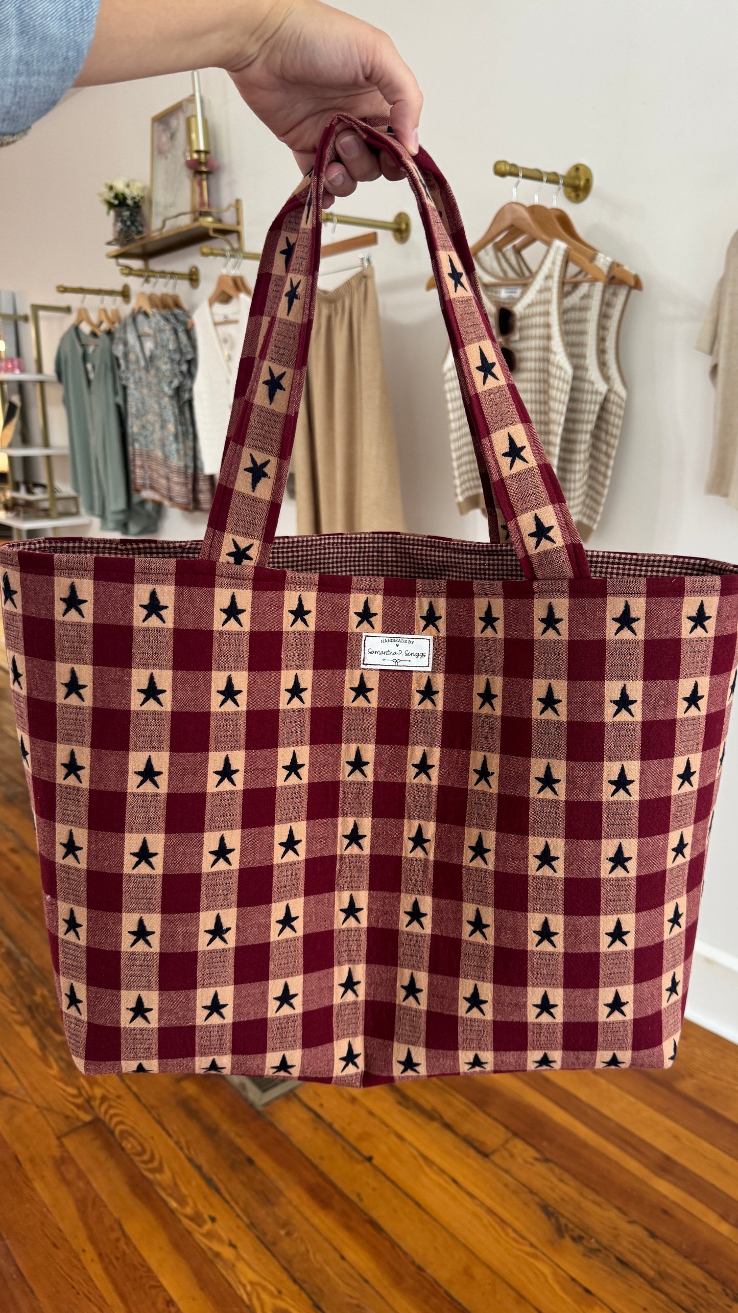 Handmade By Samantha XL Tote Bag: Checkerd Star