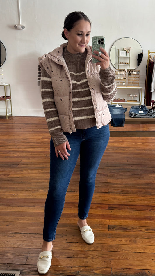 Stripe Mock Neck Sweater: Taupe & White