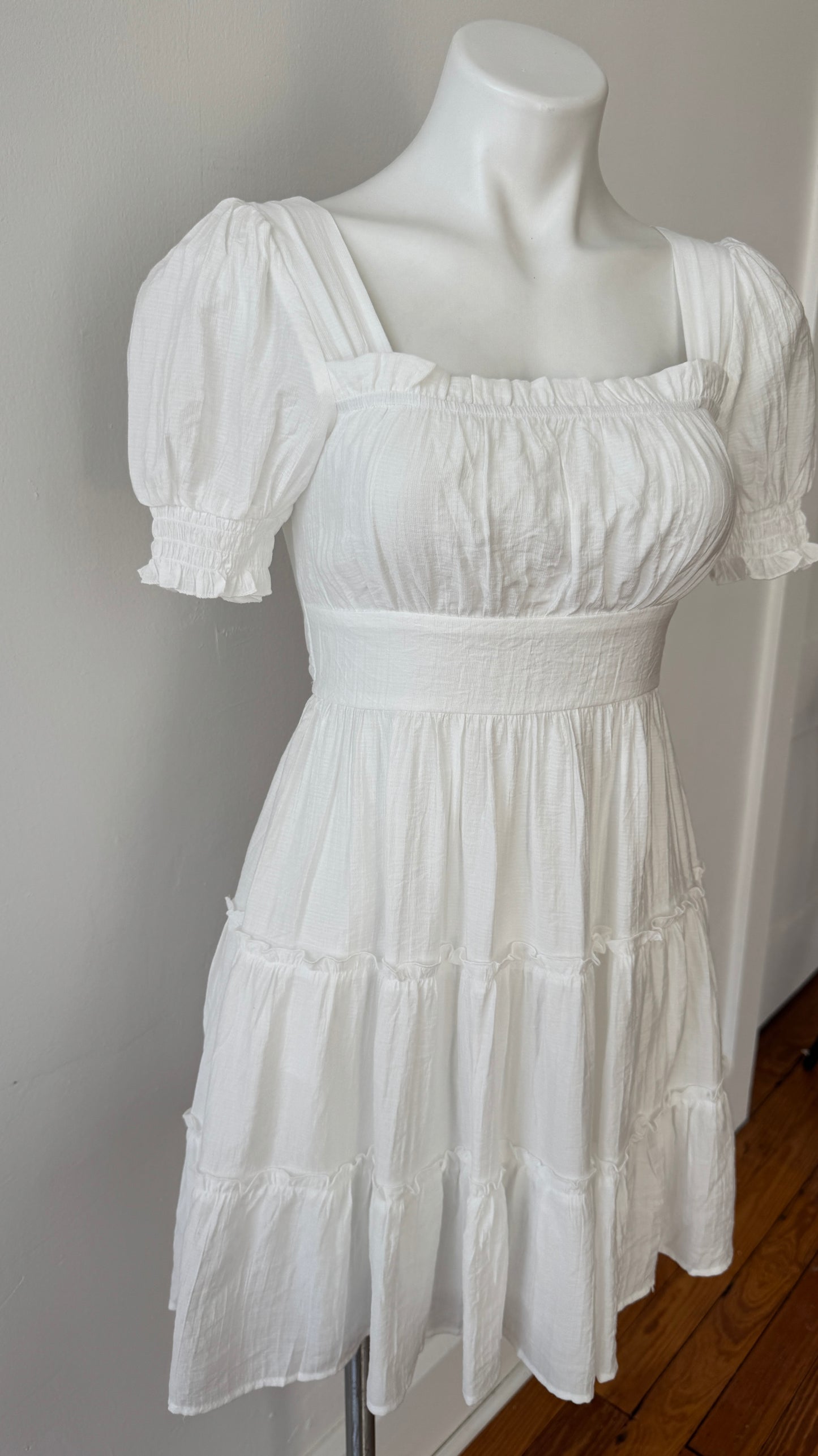 Square Neck Smocked Sleeve Dress-White