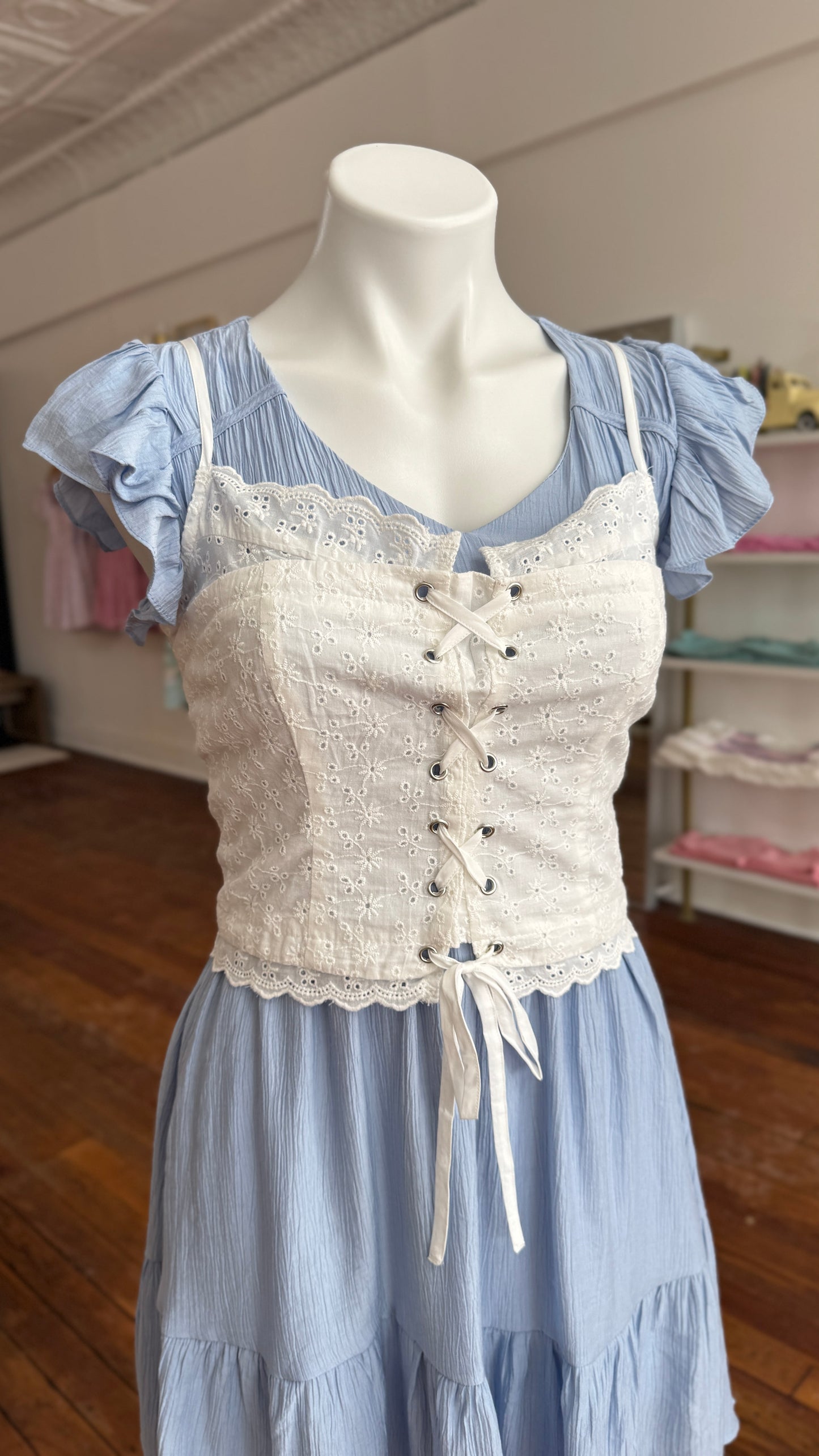 Embroidered Eyelet Lace Up Crop Top
