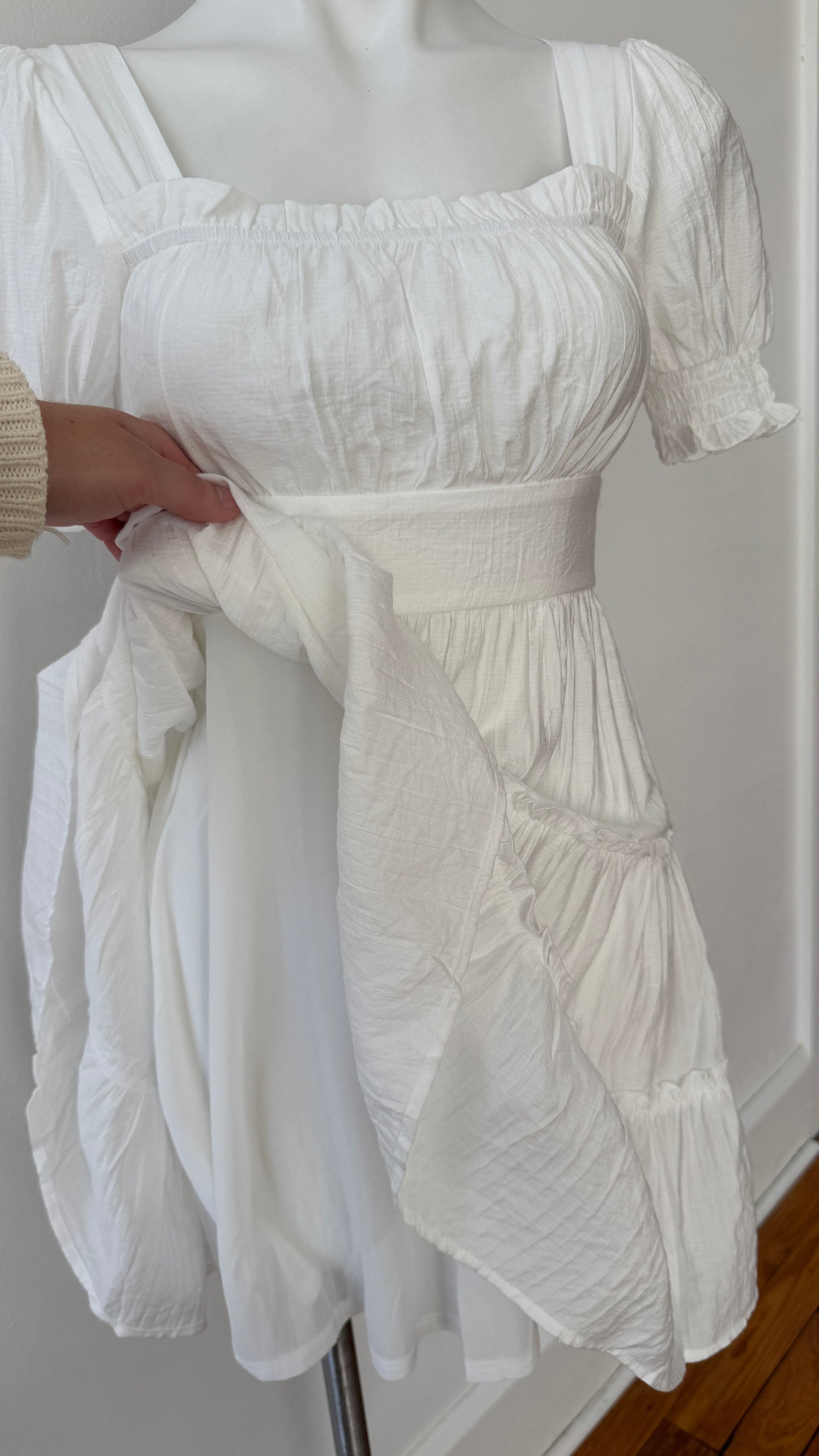 Square Neck Smocked Sleeve Dress-White