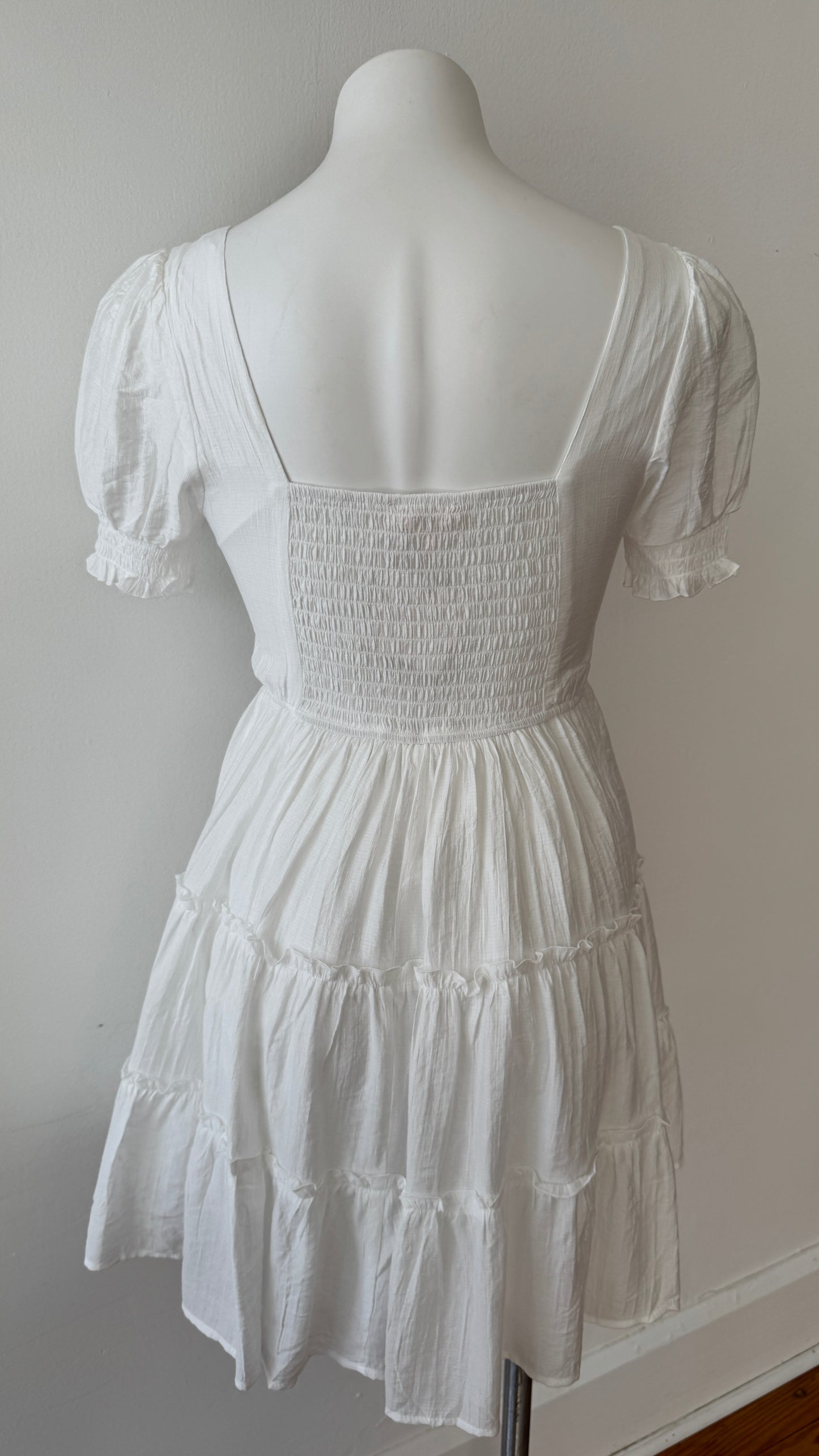 Square Neck Smocked Sleeve Dress-White