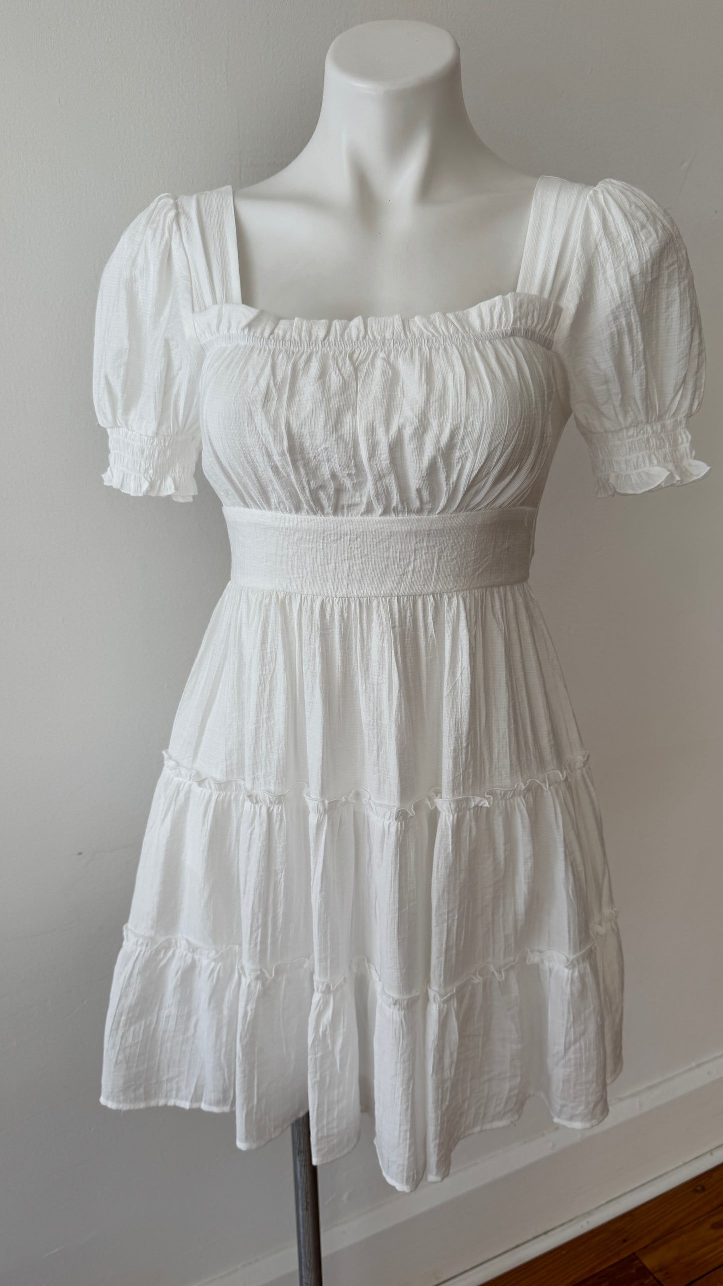 Square Neck Smocked Sleeve Dress-White