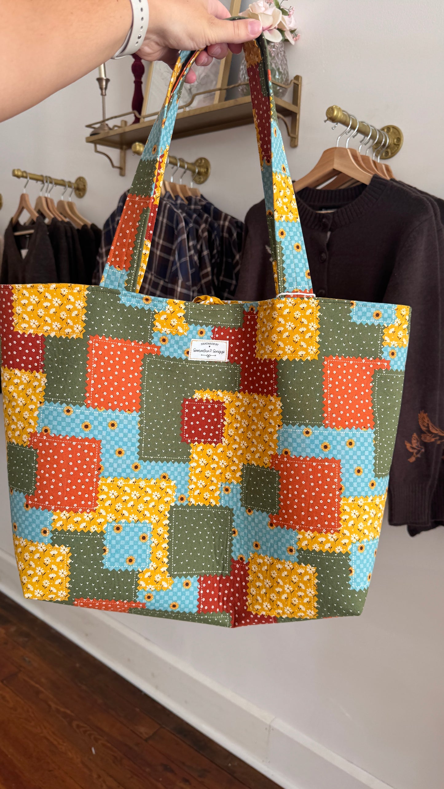 Handmade By Samantha XL Tote Bag: Fall Patchwork With Bow Tie Closure