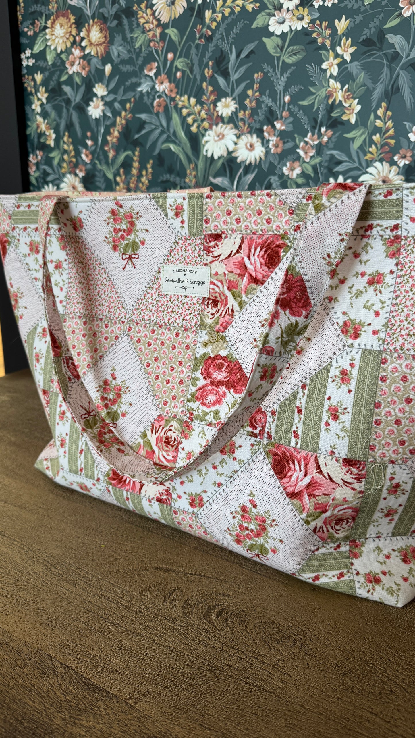 Handmade By Samantha XL Tote Bag: Rose Patchwork With Bow Tie Closure