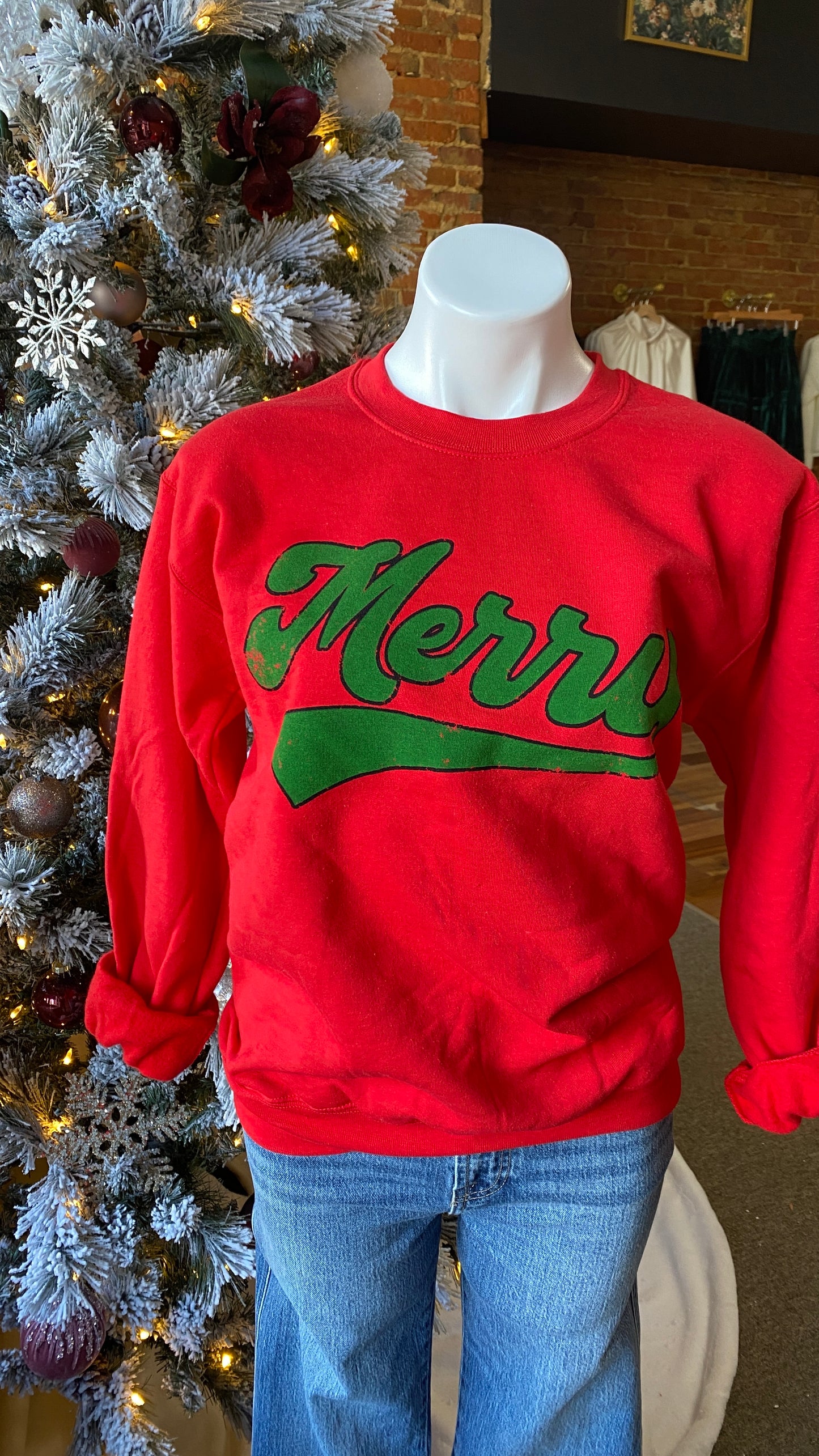 "Merry" Crewneck- Red with Green Lettering: Small-3XL