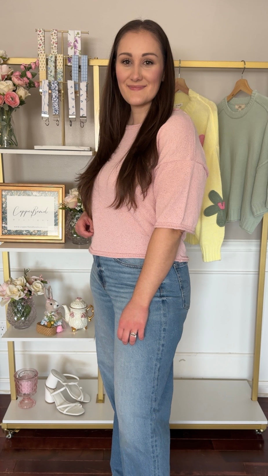 Cropped Boxy Short Sleeve Knit Sweater- Blush