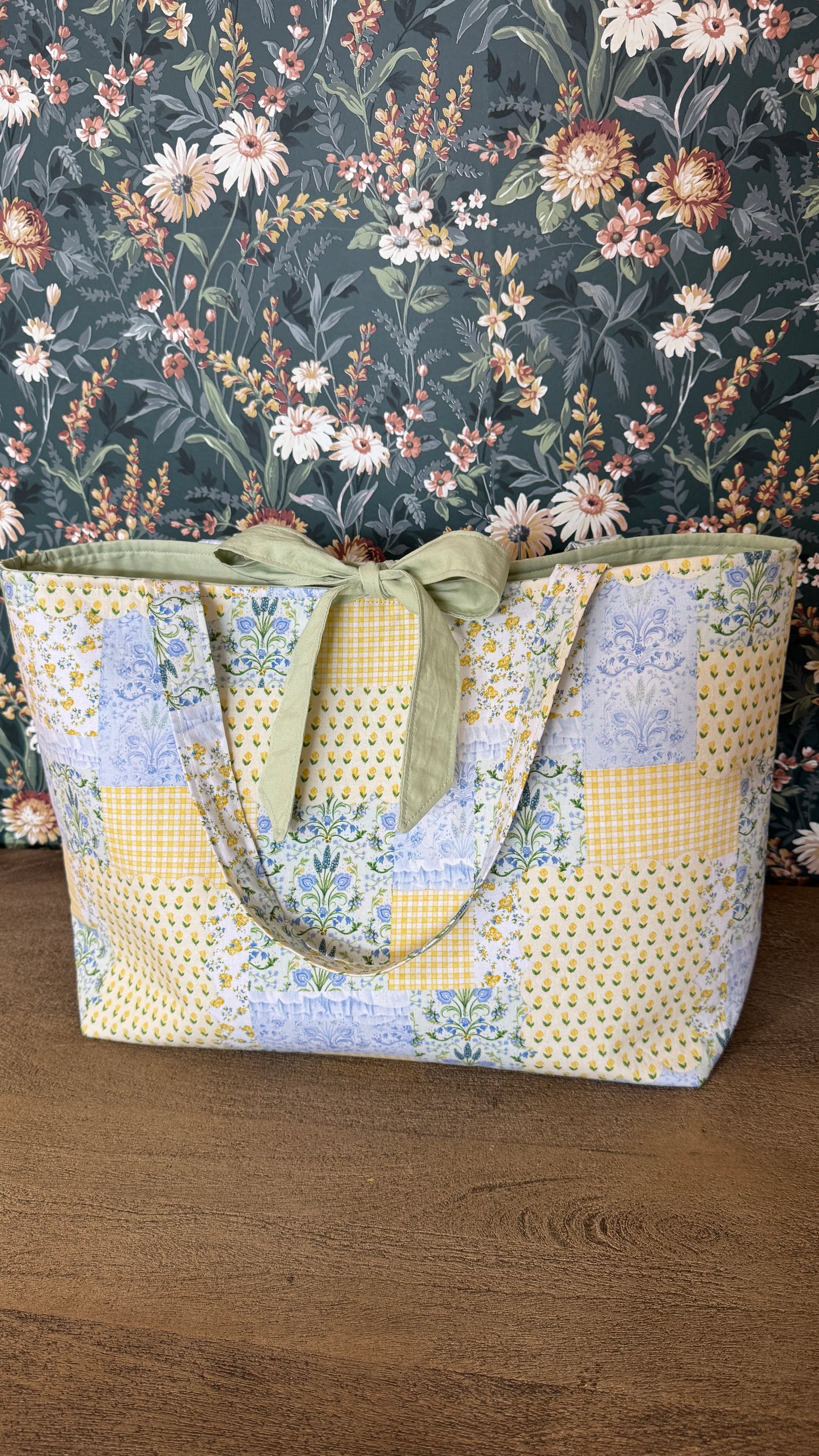 Handmade By Samantha XL Tote Bag: Yellow Patchwork With Tie Closure