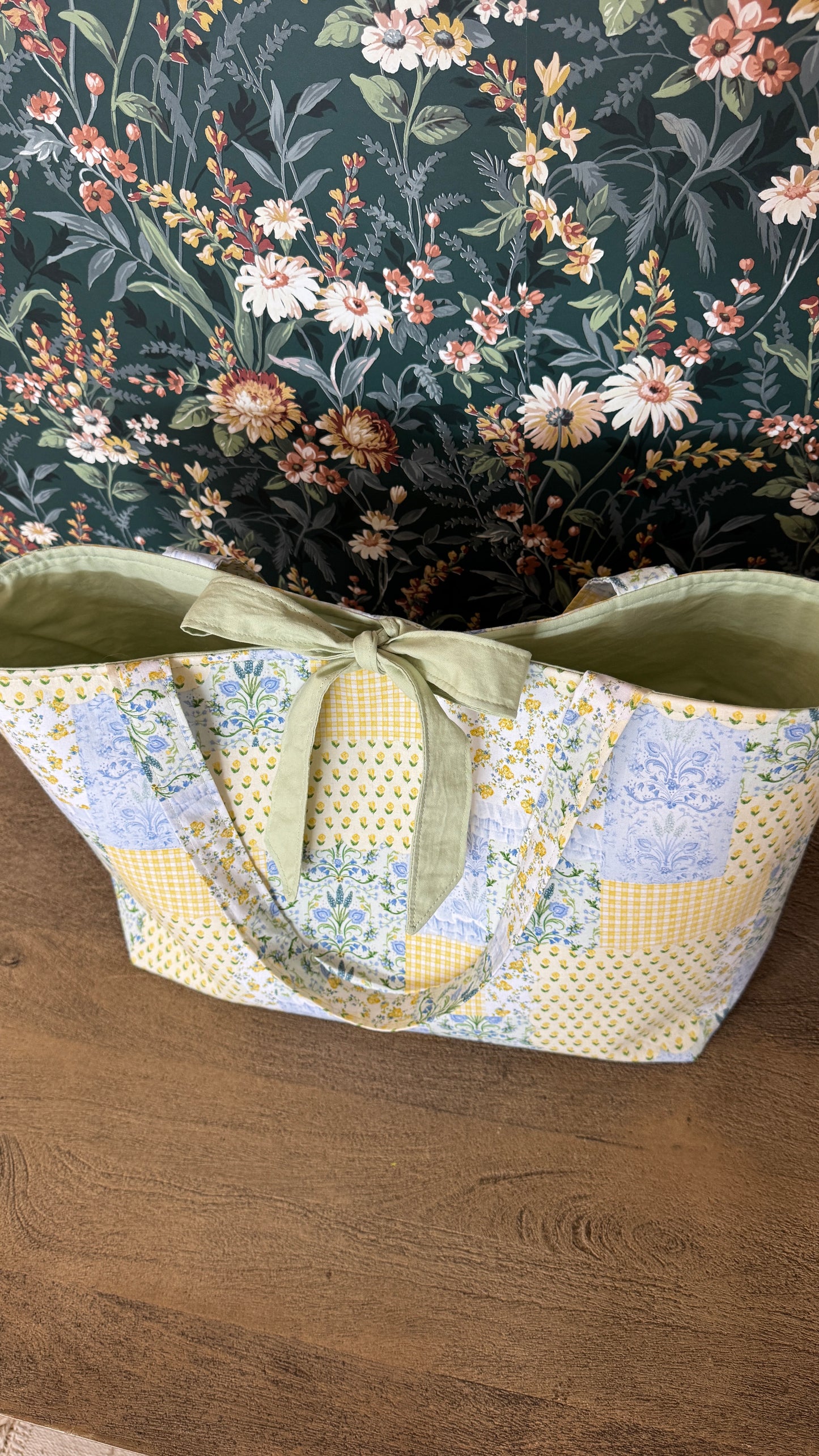 Handmade By Samantha XL Tote Bag: Yellow Patchwork With Tie Closure