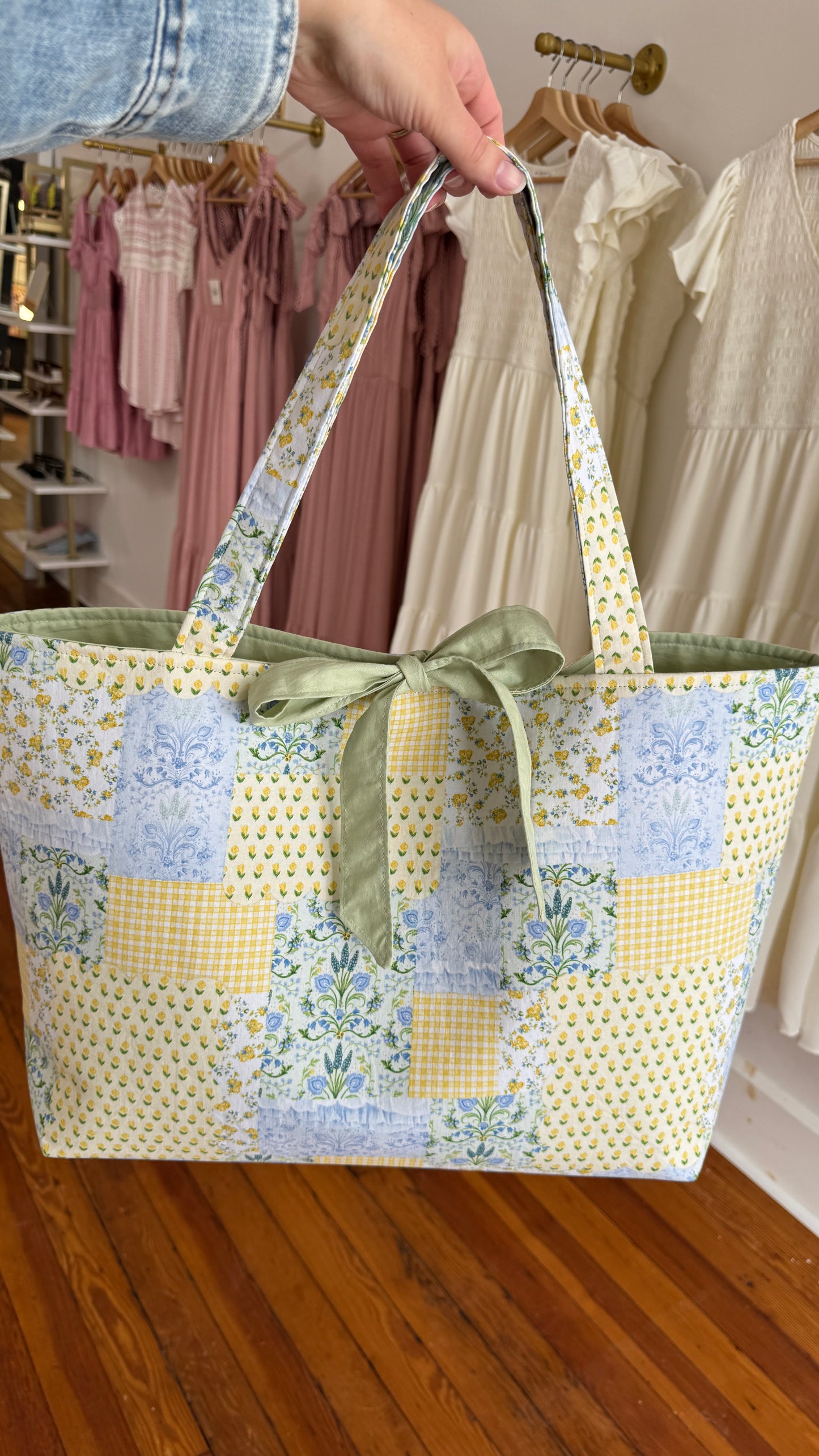 Handmade By Samantha XL Tote Bag: Yellow Patchwork With Tie Closure