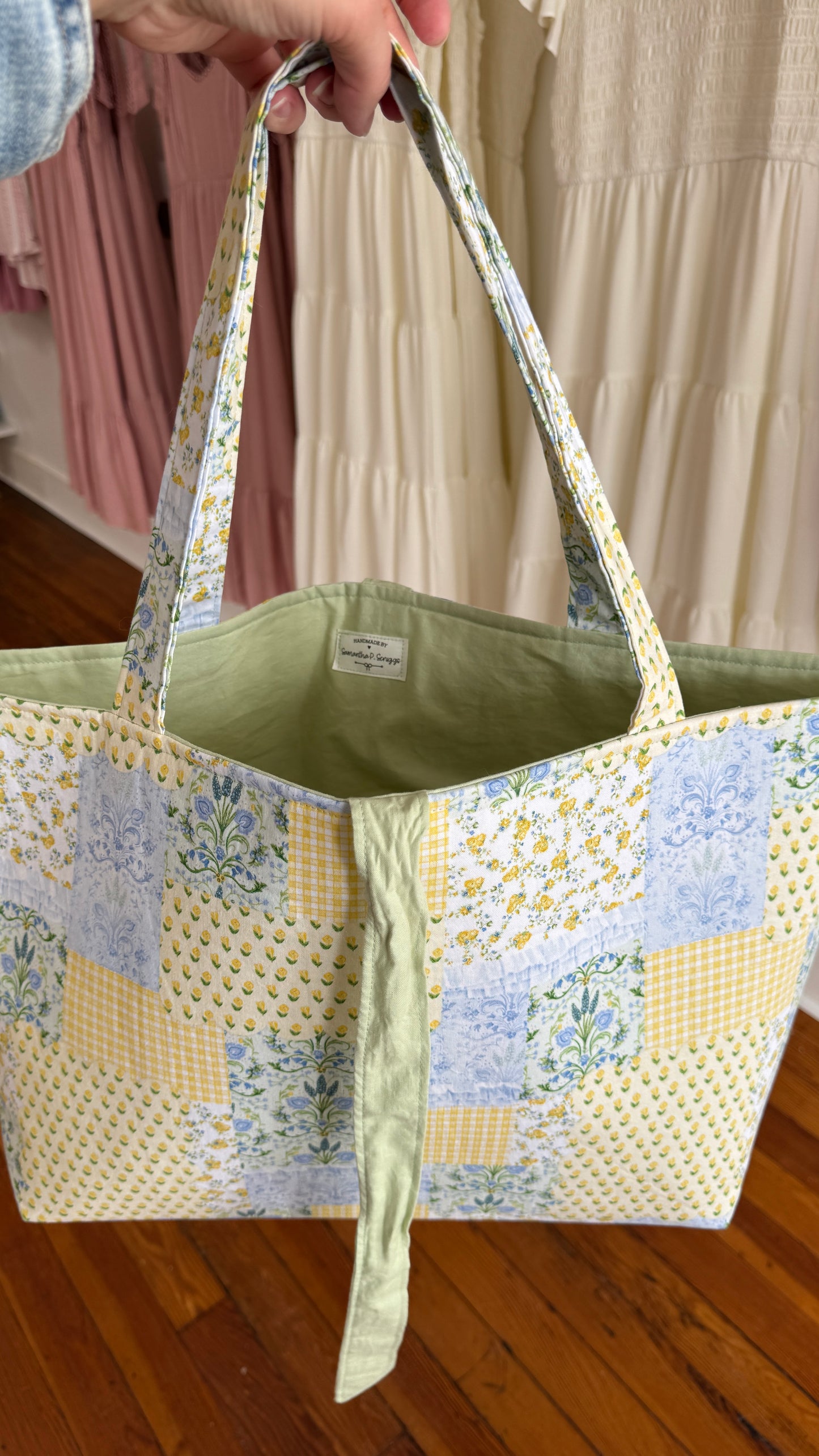 Handmade By Samantha XL Tote Bag: Yellow Patchwork With Tie Closure