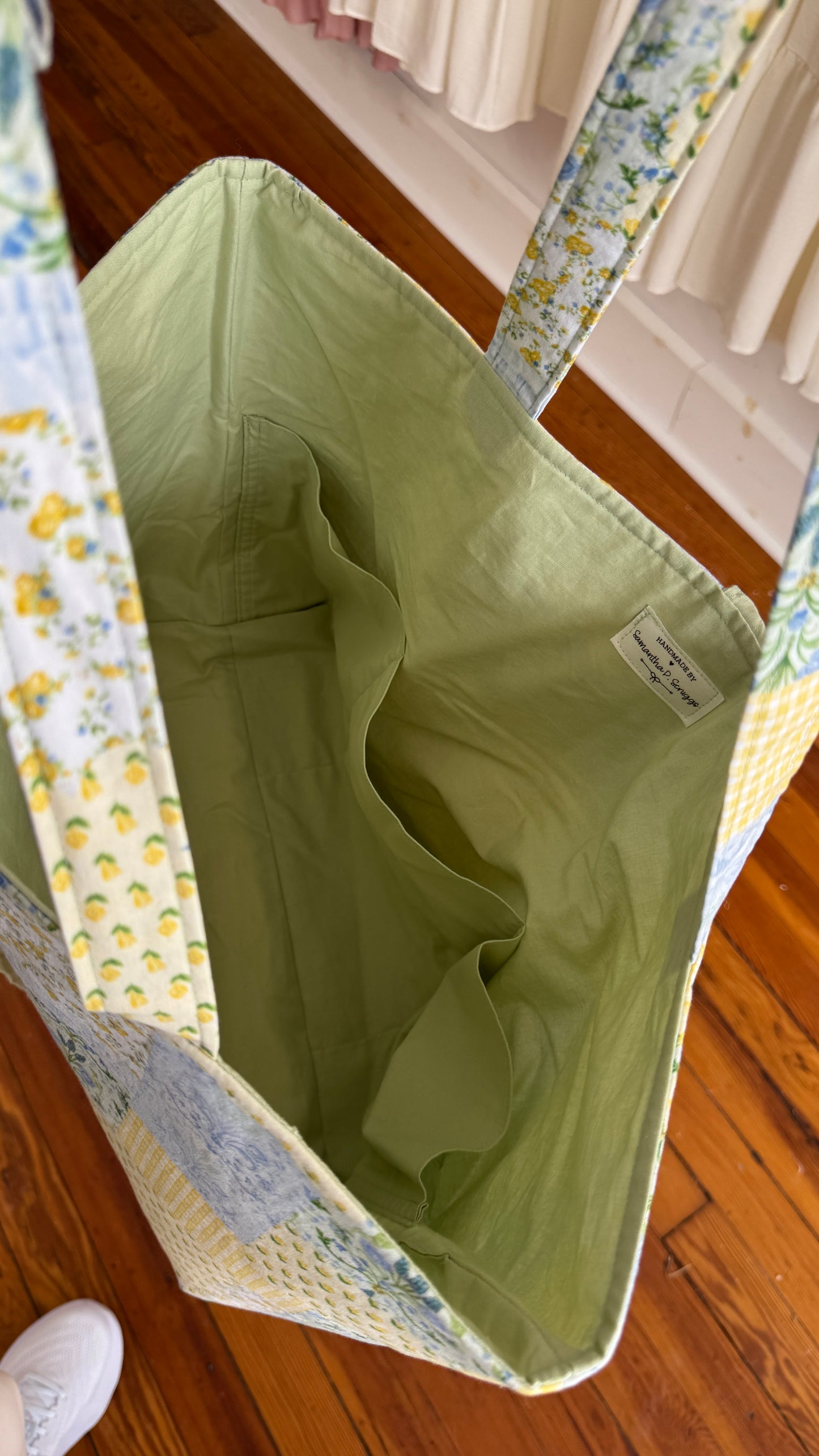 Handmade By Samantha XL Tote Bag: Yellow Patchwork With Tie Closure