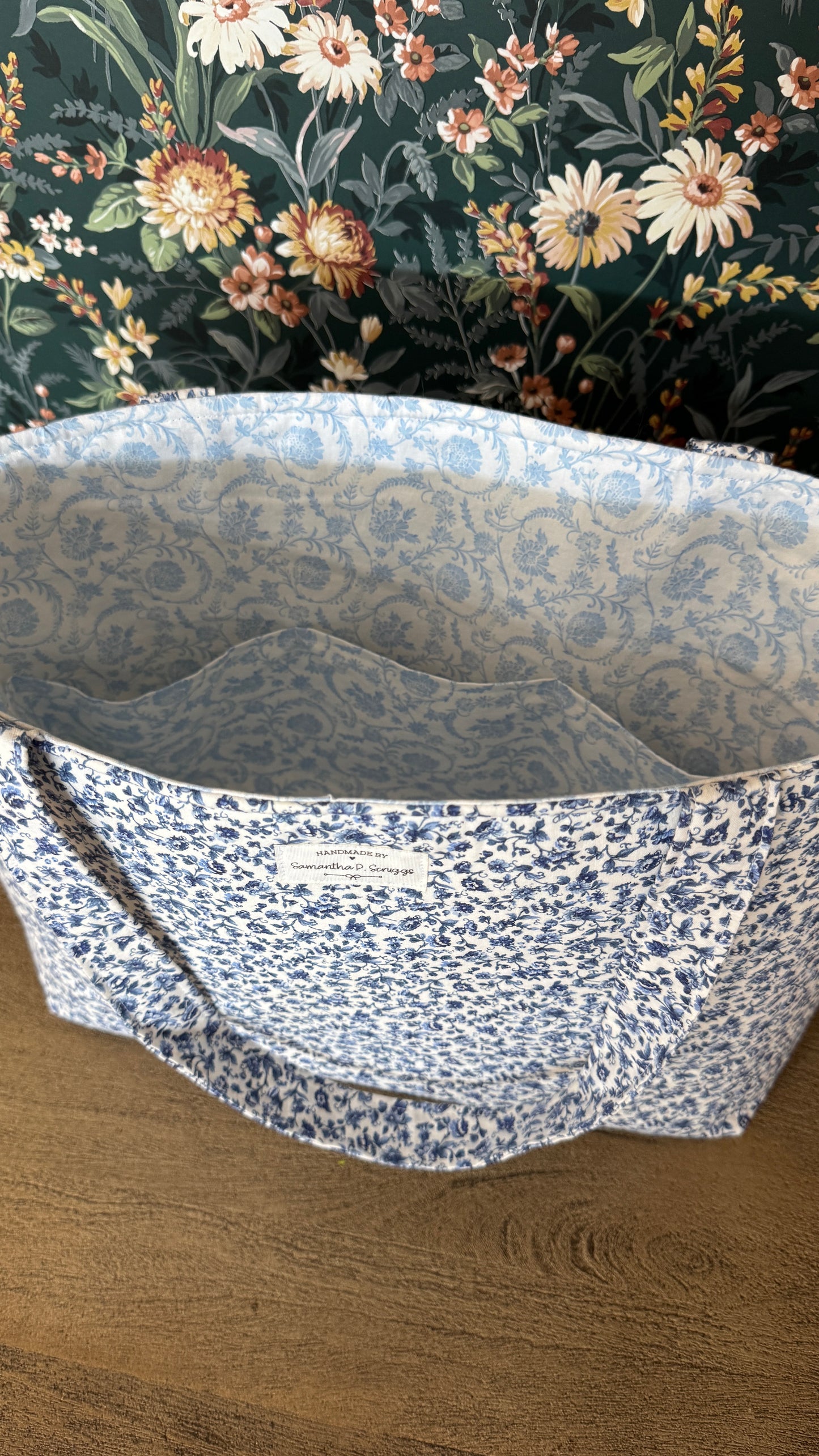 Handmade By Samantha XL Tote Bag: Navy Blue Floral
