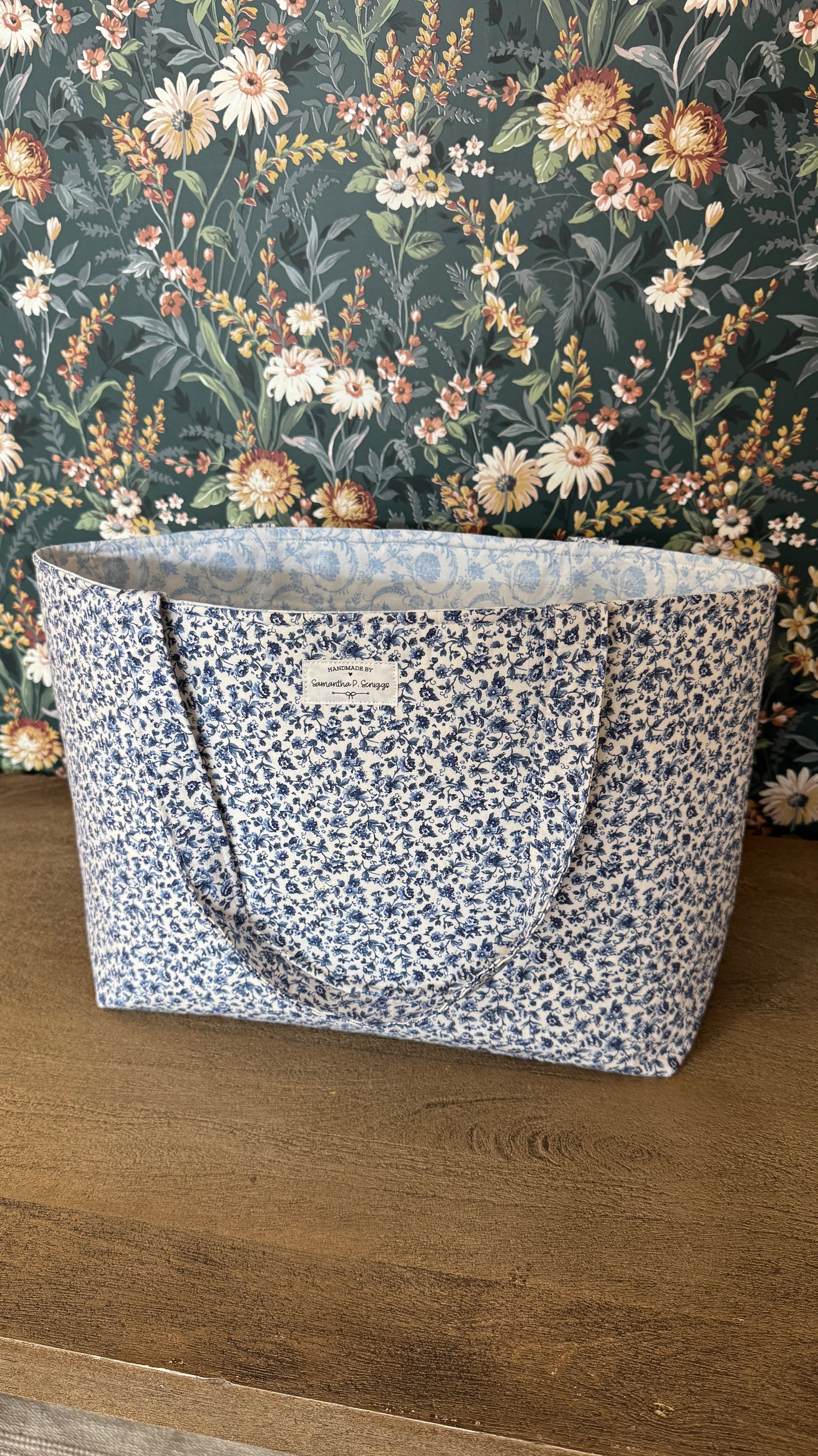Handmade By Samantha XL Tote Bag: Navy Blue Floral
