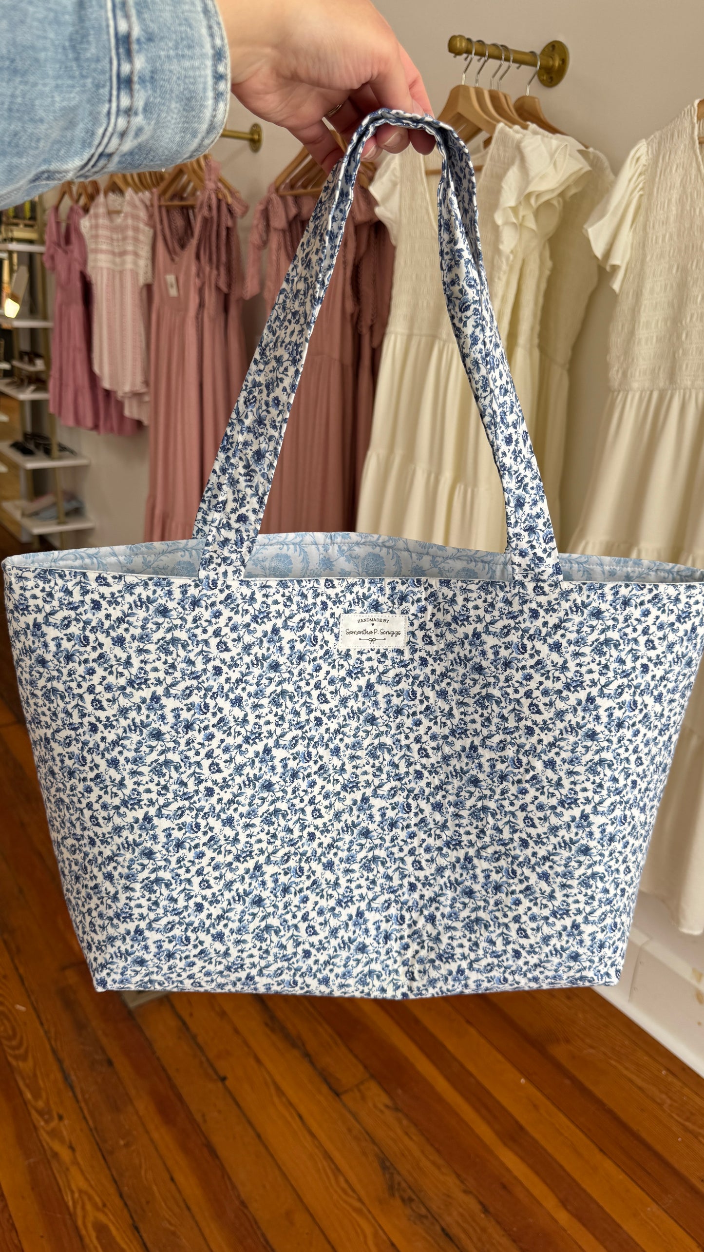 Handmade By Samantha XL Tote Bag: Navy Blue Floral