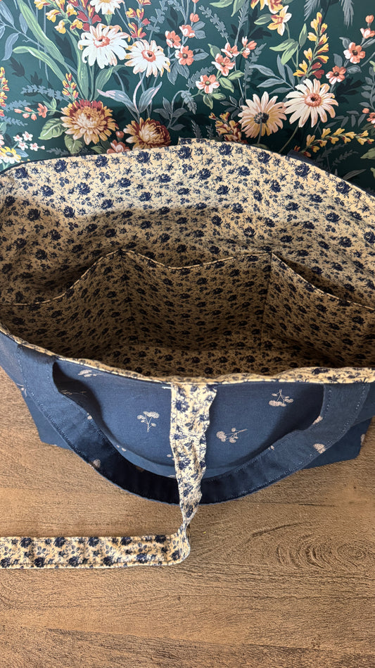 Handmade By Samantha XL Tote Bag: Navy and Khaki Ditsy Floral With Bow Tie Closure
