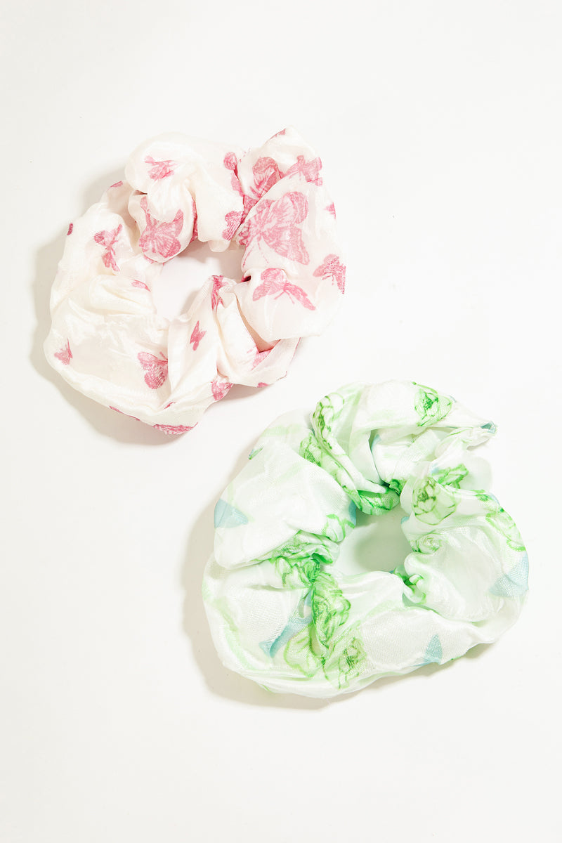 Pink Butterfly & Green Rose Scrunchies