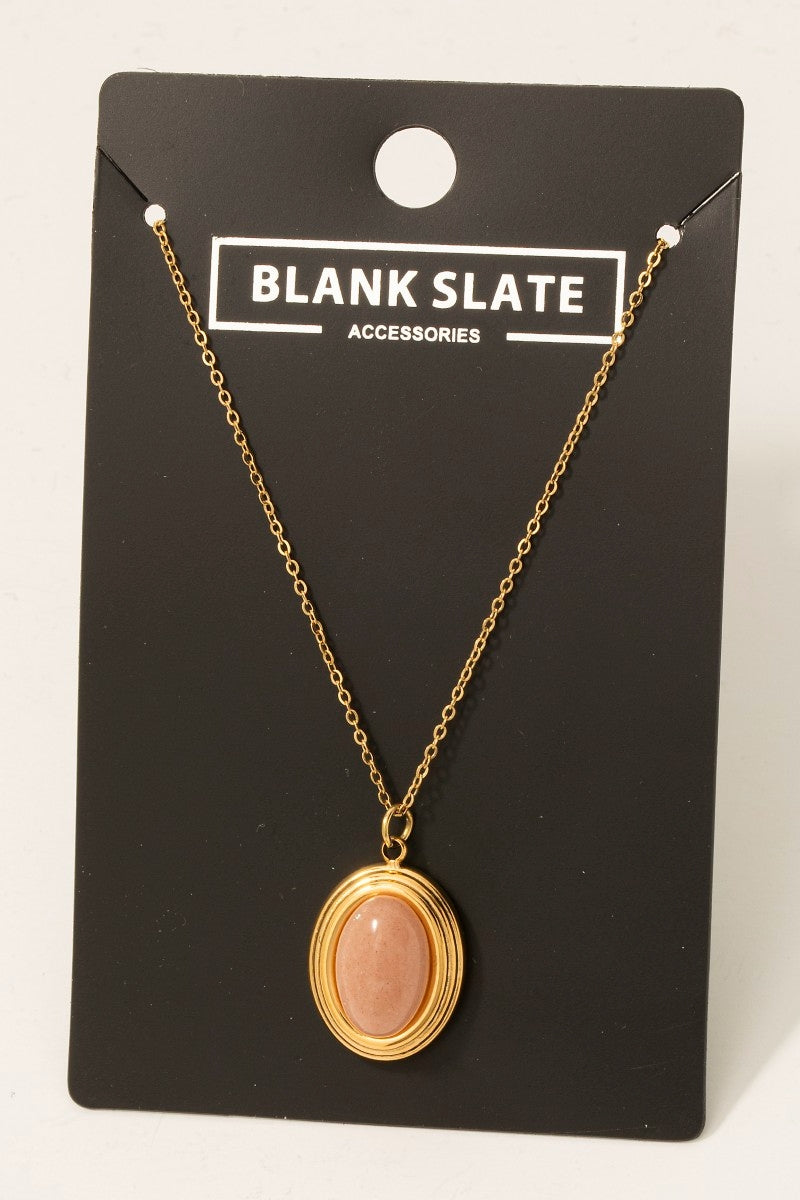Stainless Steel Blush Stone Oval Pendant Necklace