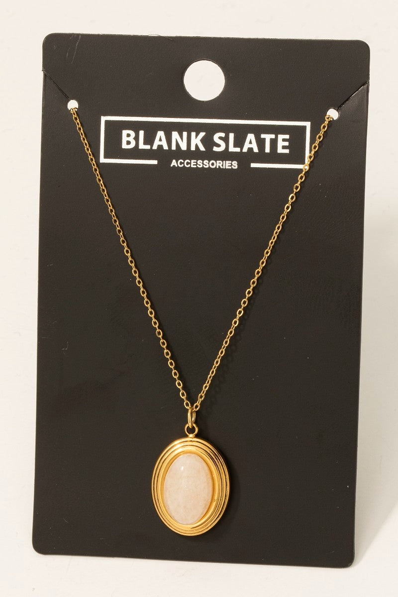 Stainless Steel Ivory Stone Oval Pendant Necklace