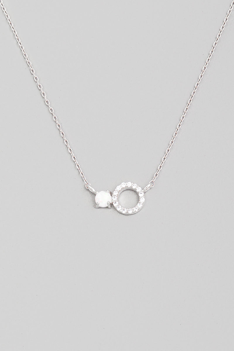 Opal Stone and Rhinestone Circle Necklace-Silver