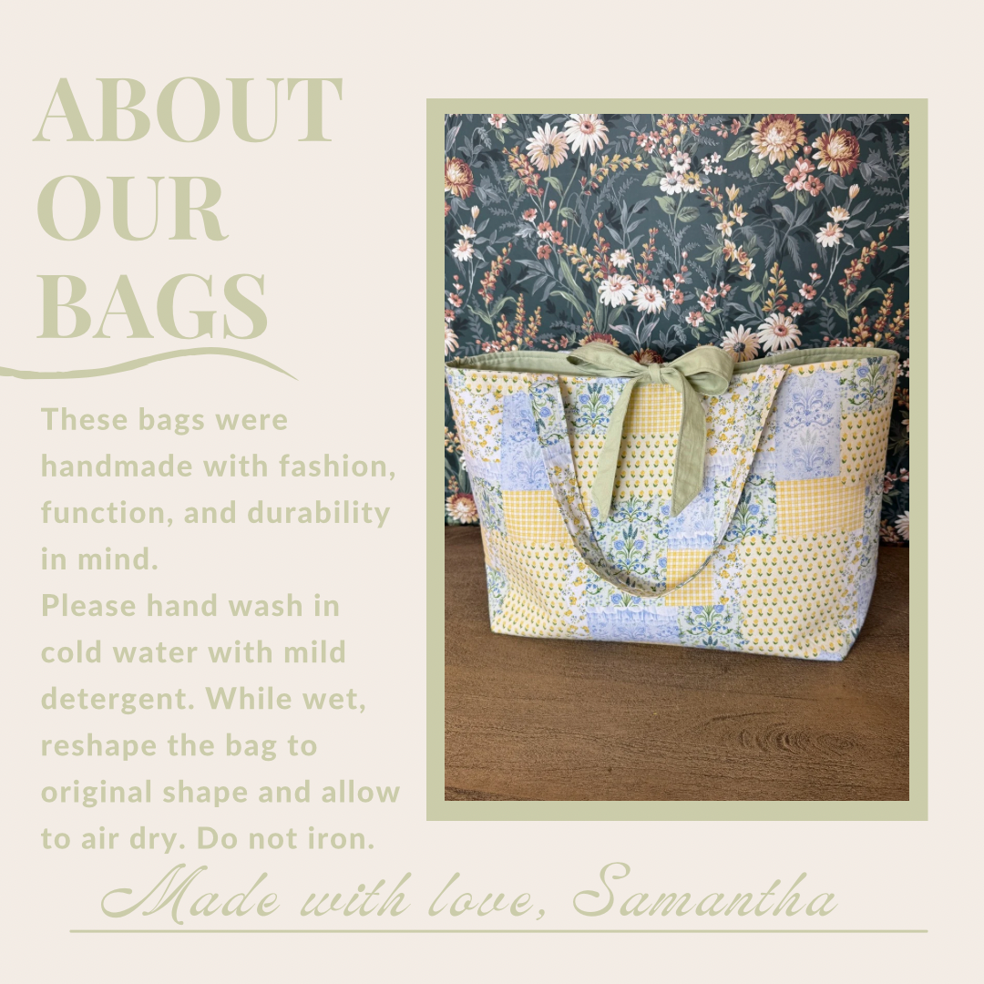 Handmade By Samantha XL Tote Bag: Americana Patchwork, Blue Lining, With Bow Tie Closure