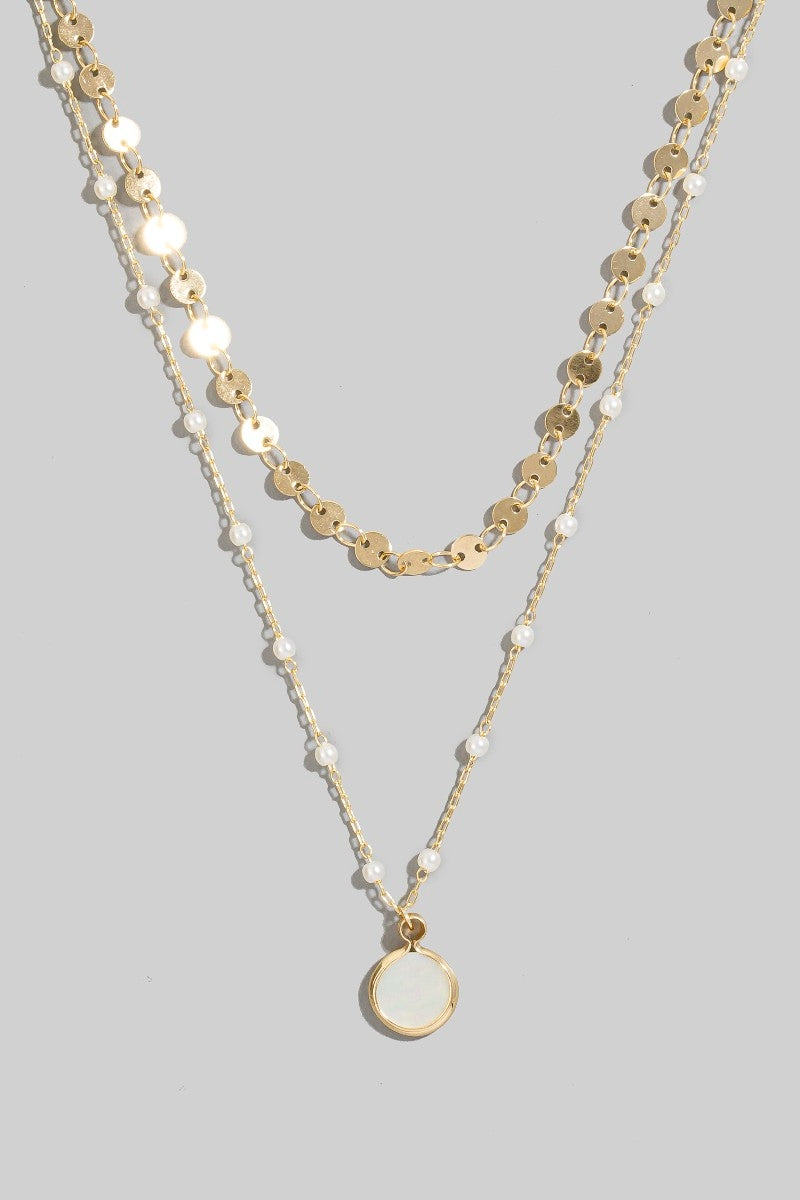 Mother of Pearl Disc and Pearl Beaded Chain Layered Necklace:Gold
