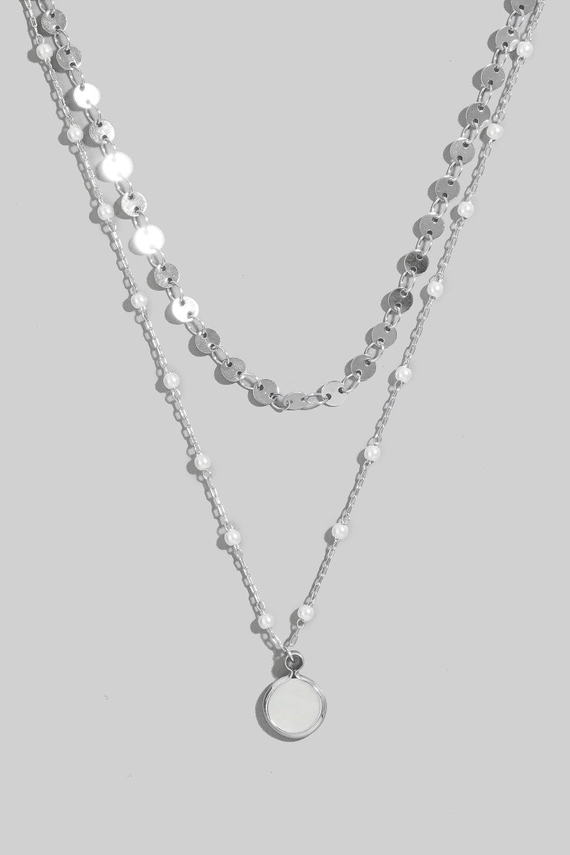 Mother of Pearl Disc and Pearl Beaded Chain Layered Necklace: Silver