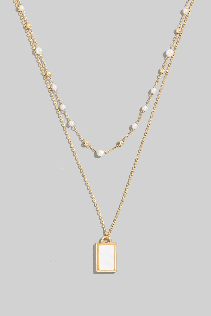 Mother of Pearl Rectangle Pendant and Pearl Beaded Chain Layered Necklace: Gold