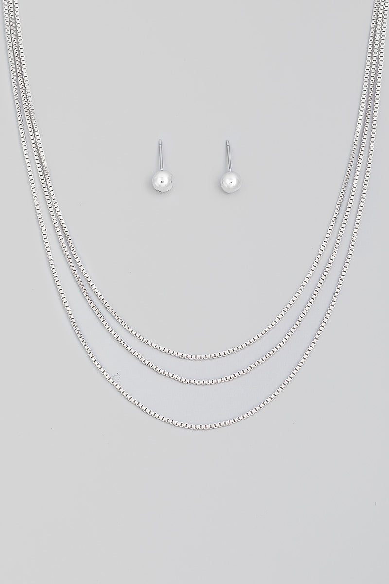 Layered Necklace and Earring Set: Silver