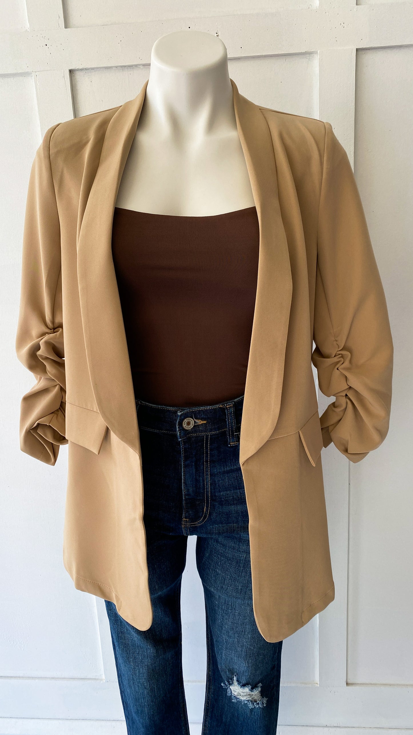 Ruched Sleeve Blazer-Tan