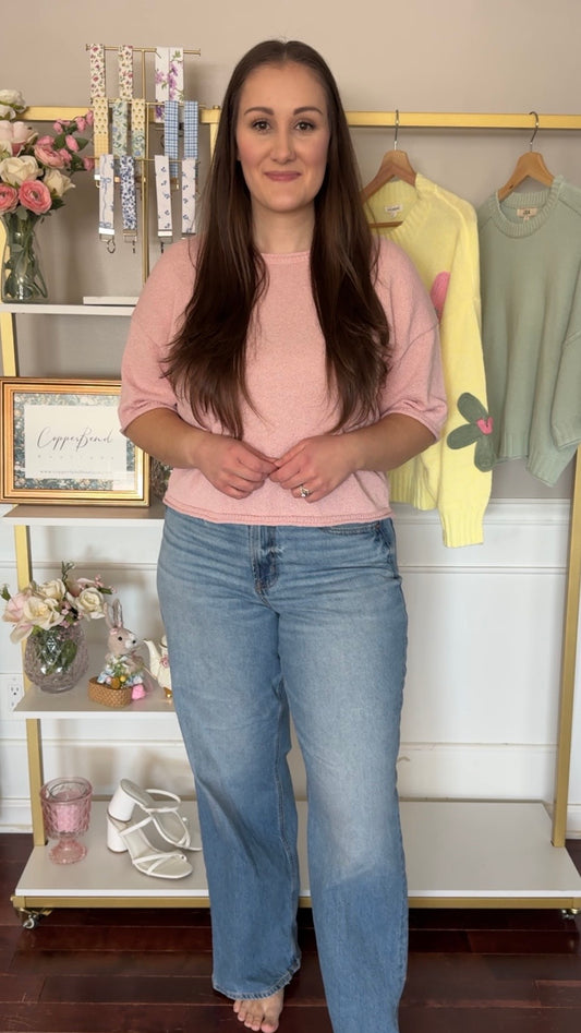 Cropped Boxy Short Sleeve Knit Sweater- Blush