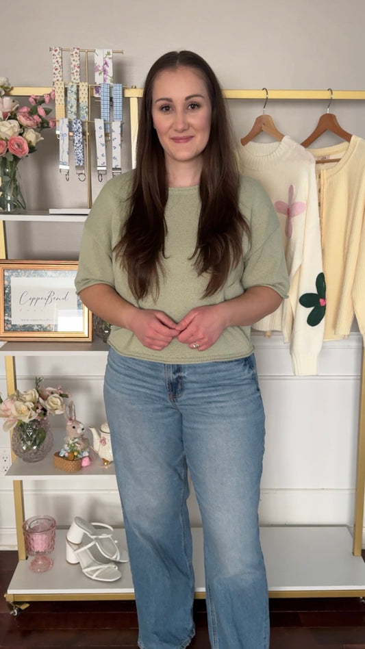 Cropped Boxy Short Sleeve Knit Sweater- Olive Green