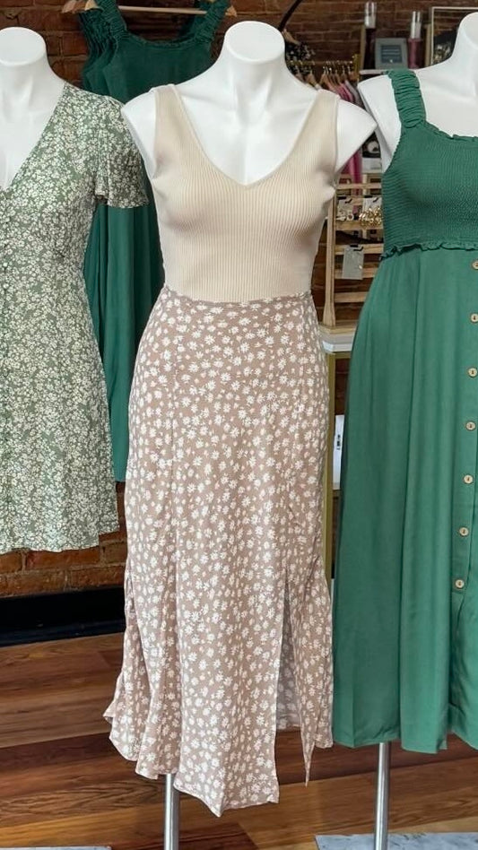 Floral Midi Skirt: Taupe