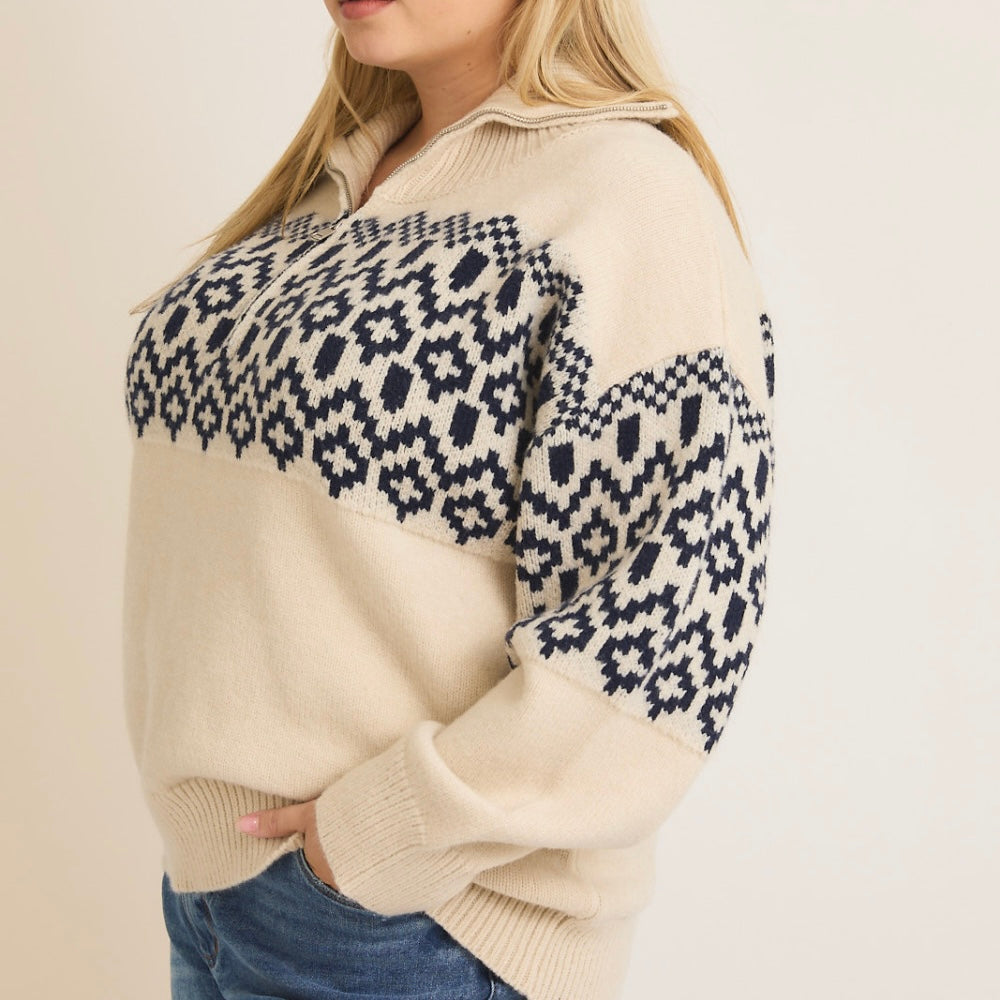 Navy & Cream Abstract Zip Up Sweater: SMALL-3XL