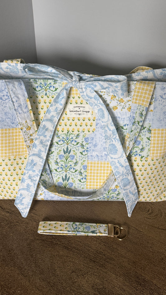 Handmade By Samantha XL Tote Bag: Yellow & Blue Floral With Bow Tie Closure and Matching Handmade Wristlet Key Ring