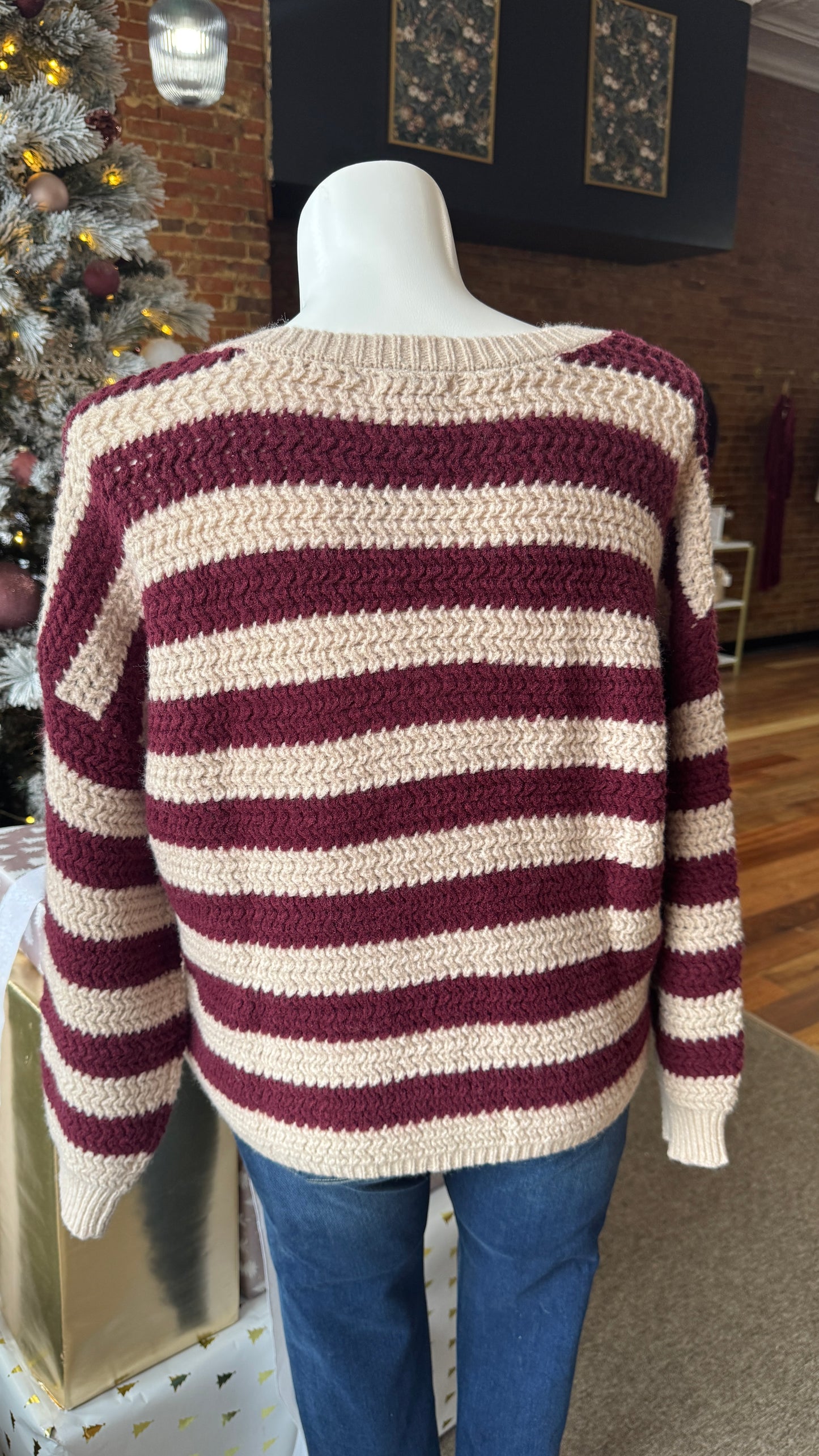 Burgundy & Cream Striped Knit Sweater