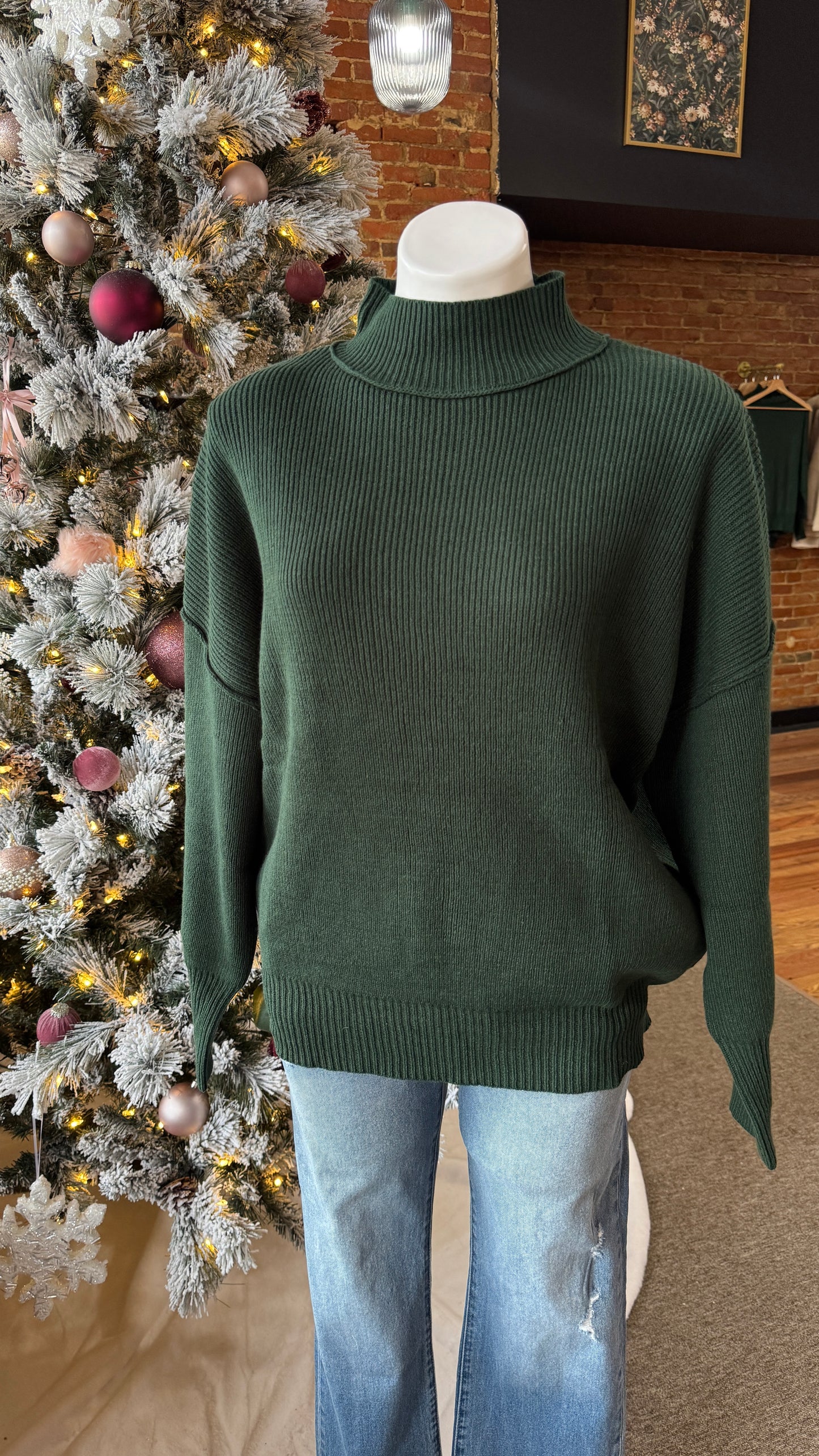 Mock Neck Ribbed Sweater: Hunter Green