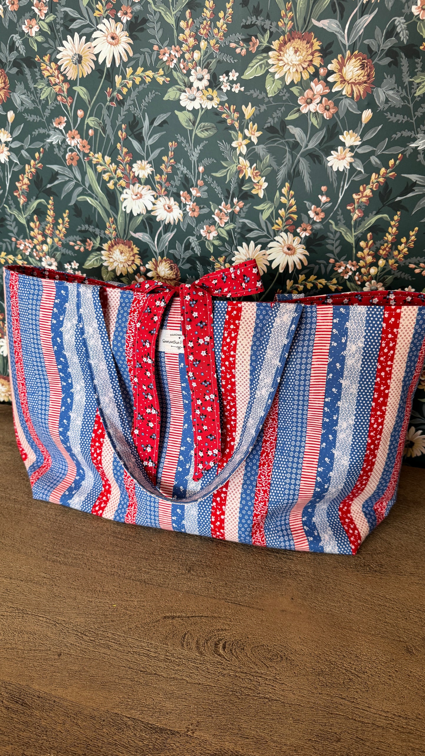 Handmade By Samantha XL Tote Bag: Americana Stripes With Bow Tie Closure