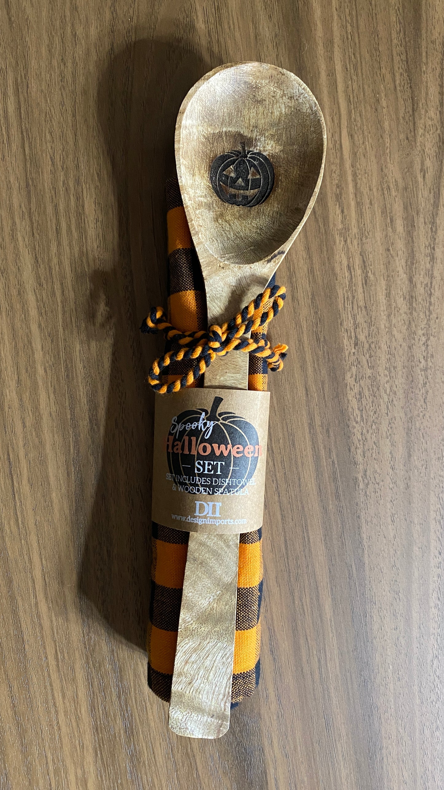 Jack-O'-Lantern Wooden Spoon + Black & Orange Towel Gift Set