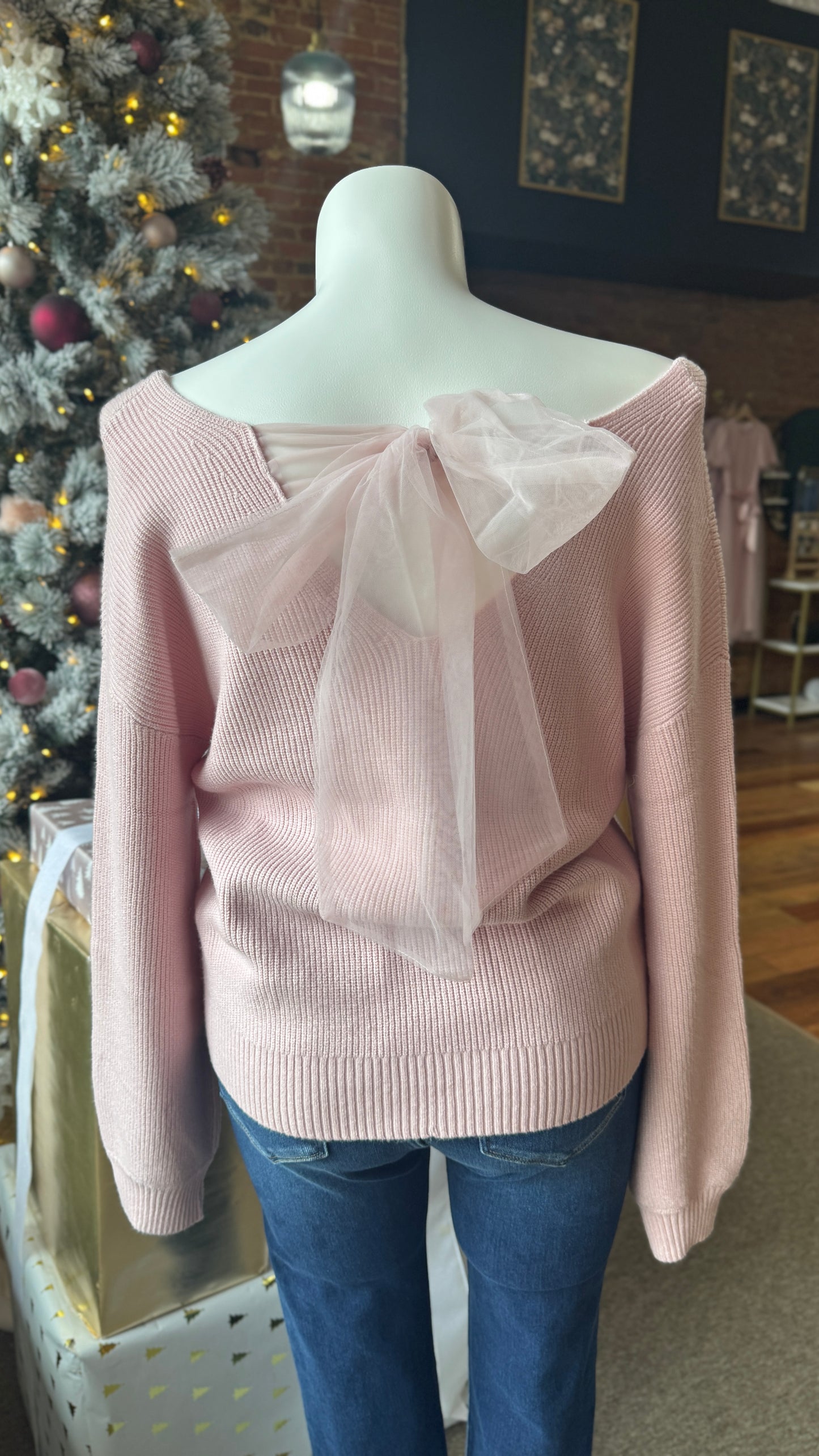 V Neck Back Bow Tie Sweater: Dusty Pink