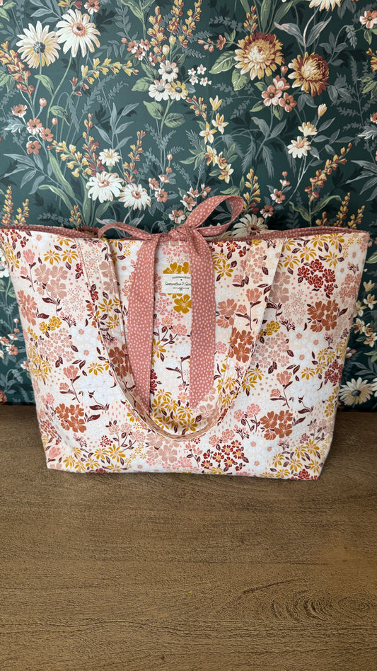 Handmade By Samantha XL Tote Bag: Blush Fall Floral With Bow Tie Closure