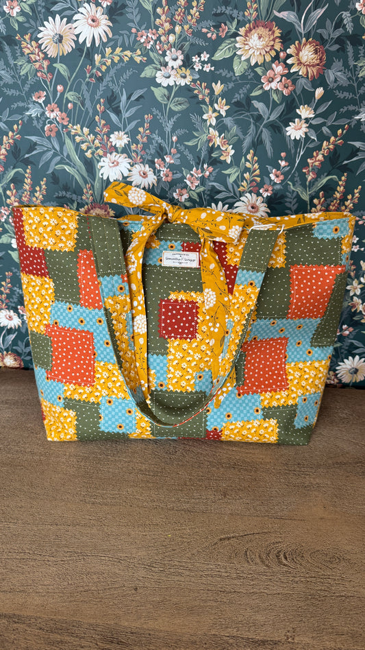 Handmade By Samantha XL Tote Bag: Fall Patchwork With Bow Tie Closure