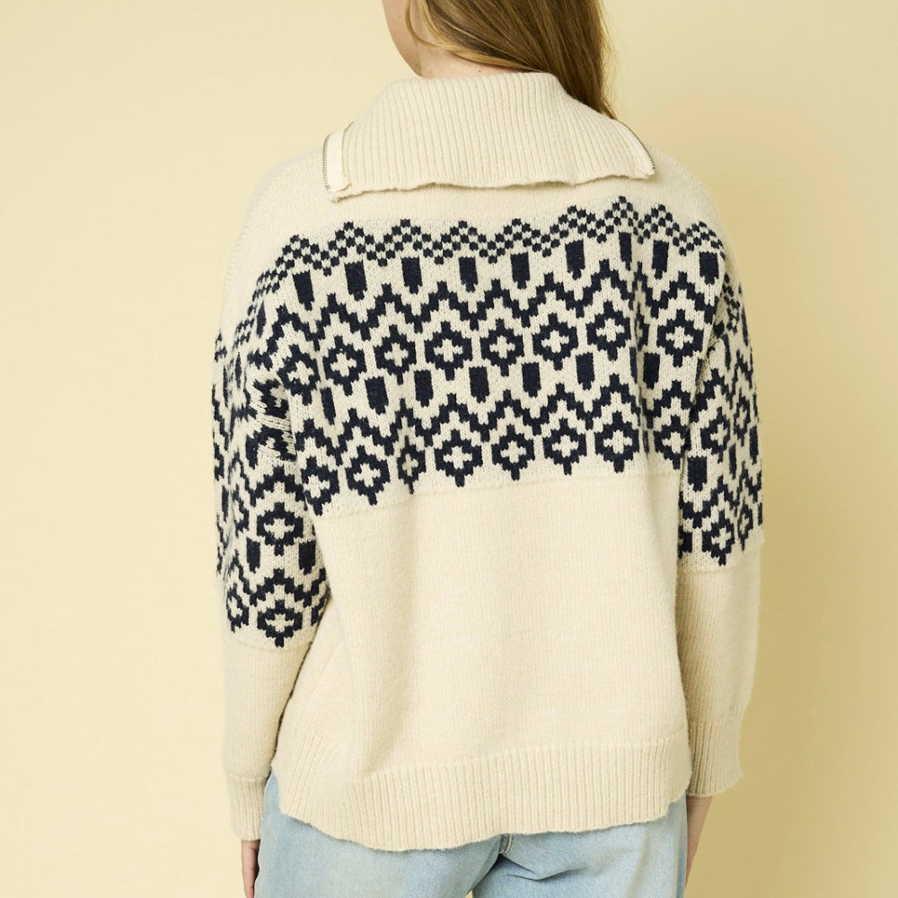 Navy & Cream Abstract Zip Up Sweater: SMALL-3XL