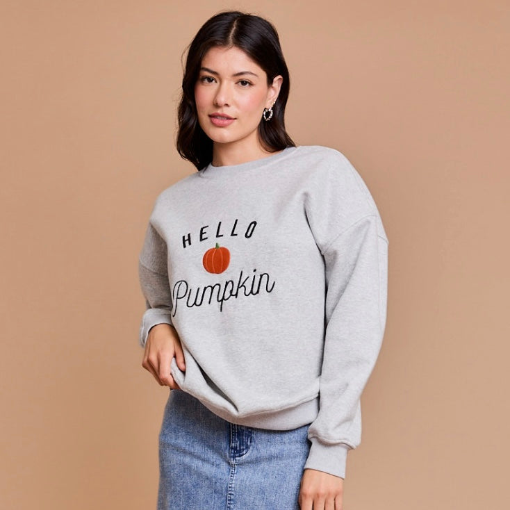 "Hello Pumpkin" Embroidered Crewneck Sweatshirt